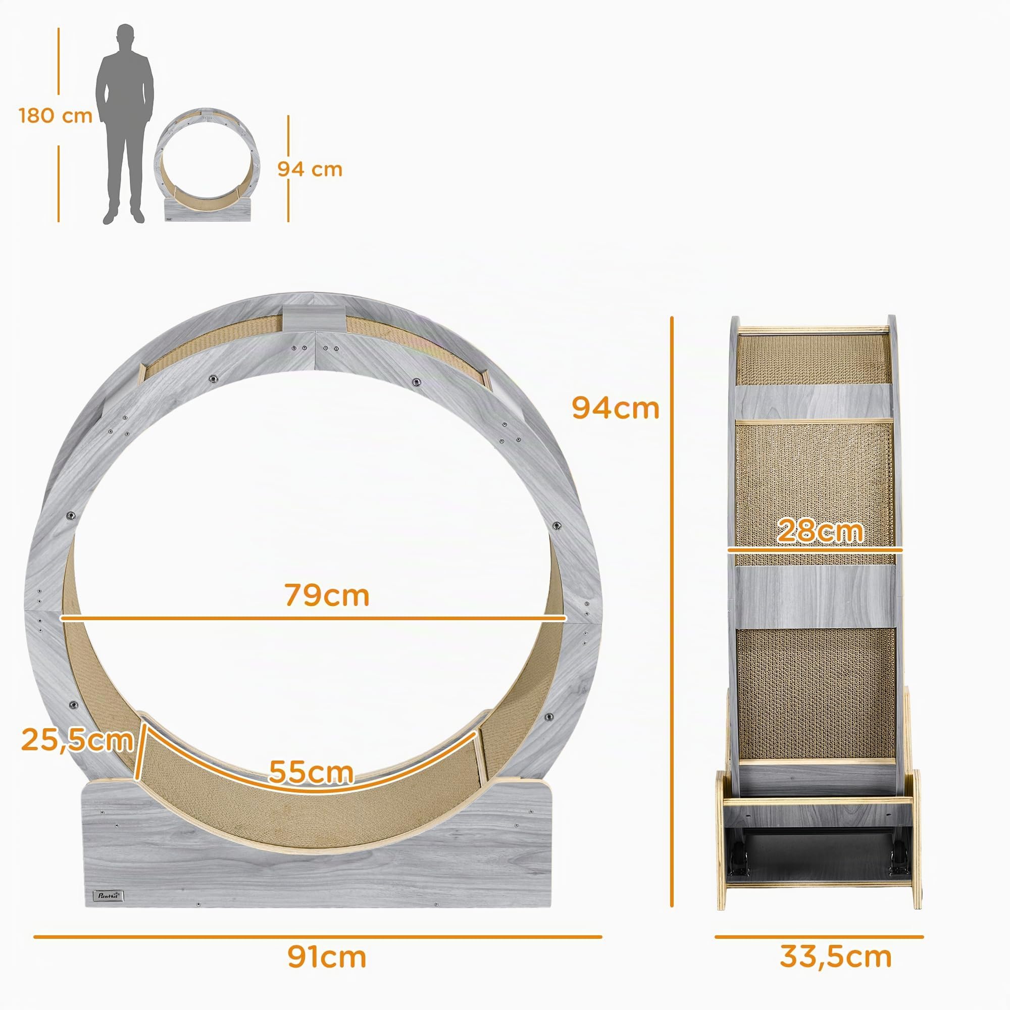PawHut Ruota esercizio per gatti con freno 91 cm diametro Grigio | Ruota esercizio gatti, pista corsa, tavola graffio, perdita peso salute