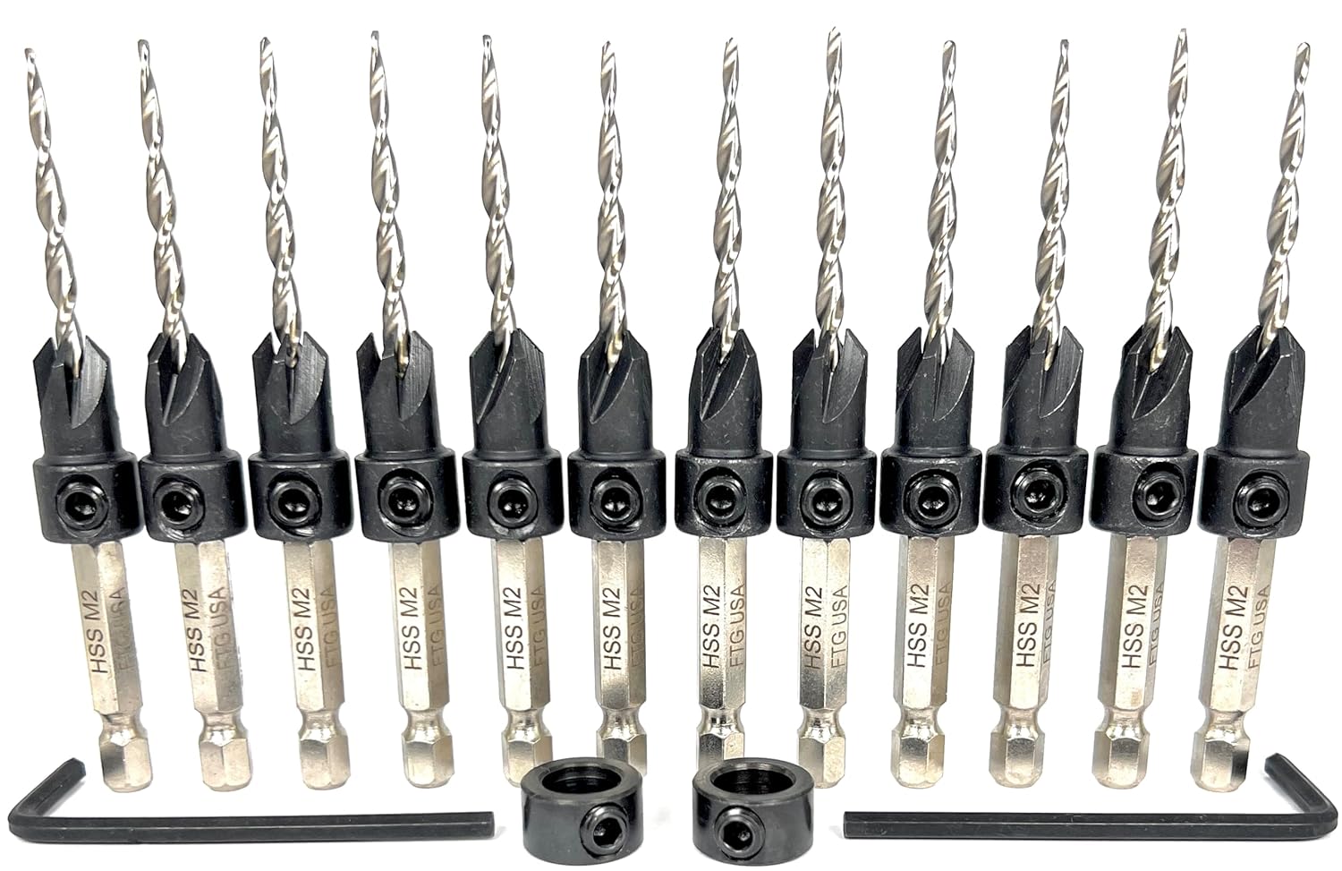 FTG USA 12 Pc #6 (9/64") Adjustable Wood Countersink Drill Bit Set with Parabolic Flute, Tapered Drill Bit, 2 Depth Stop Collar, Quick Change Shank, Hex Wrench in Storage Container