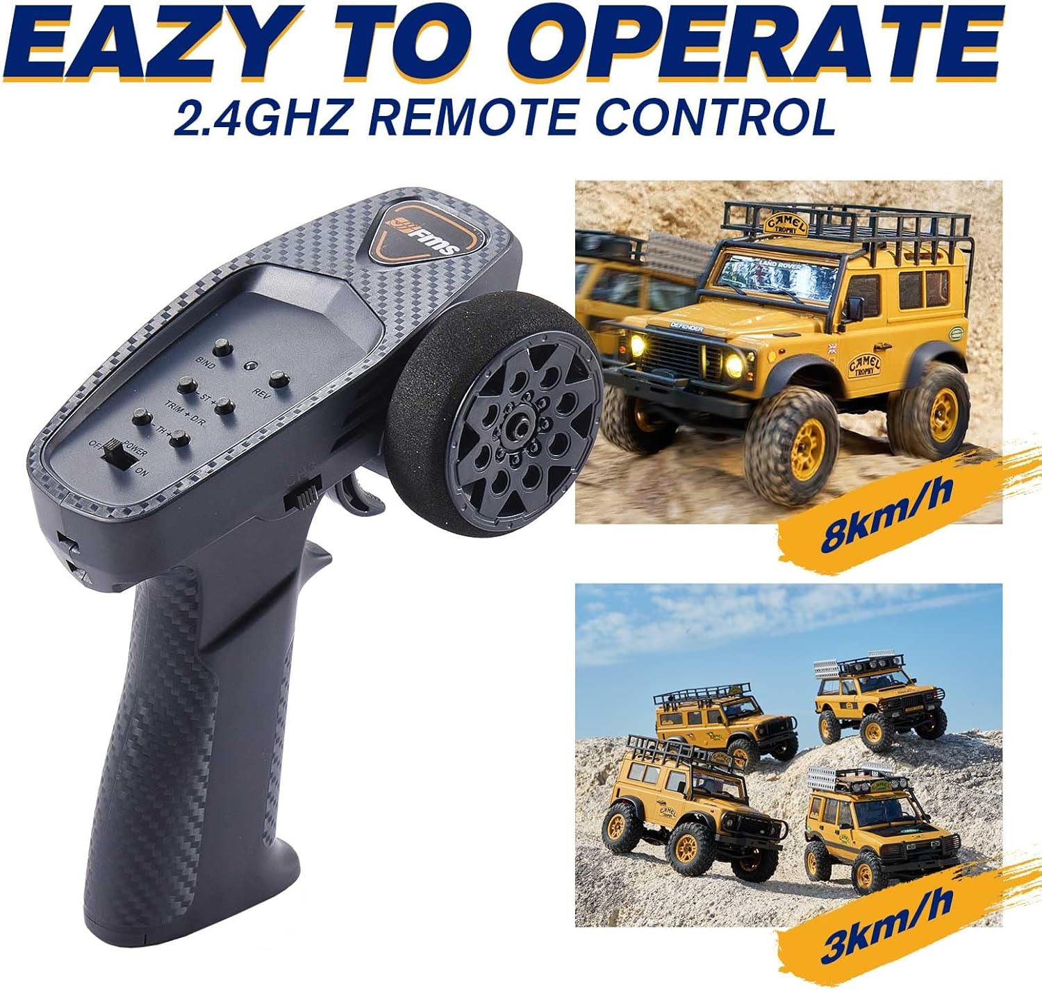 Remote control for the EAZYRC RC Crawler, showing the steering wheel and trigger, with images of the crawler operating at 8km/h and 3km/h.