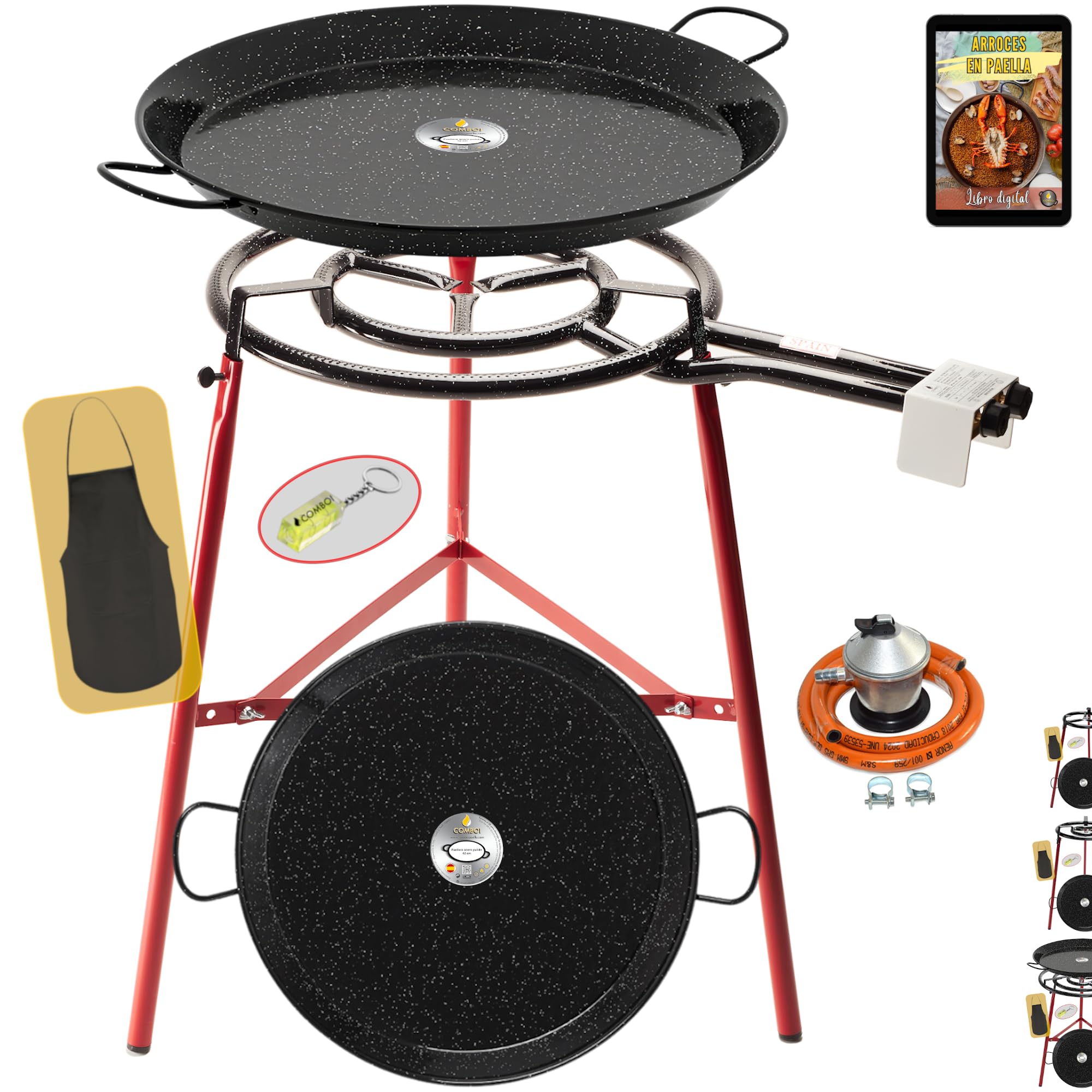 COMBOI Kit Bruciatore Paellero Gas Butano 50 cm Paellere Smaltate 60 cm + Regolatore di Gas Tubo Supporto Gambe Rinforzato Livello Grembiule Libro di Ricette Digitale