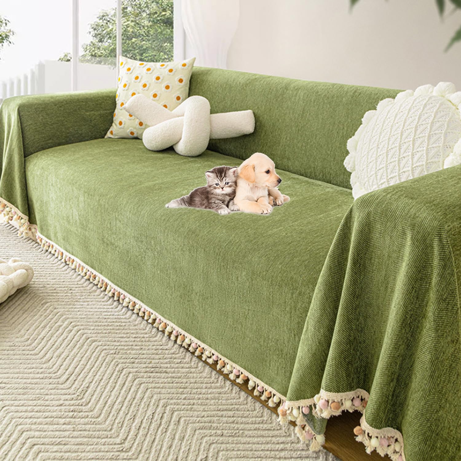 Funda de sofá chenilla con flecos antideslizante verde 180x380 cm para sofás seccionales