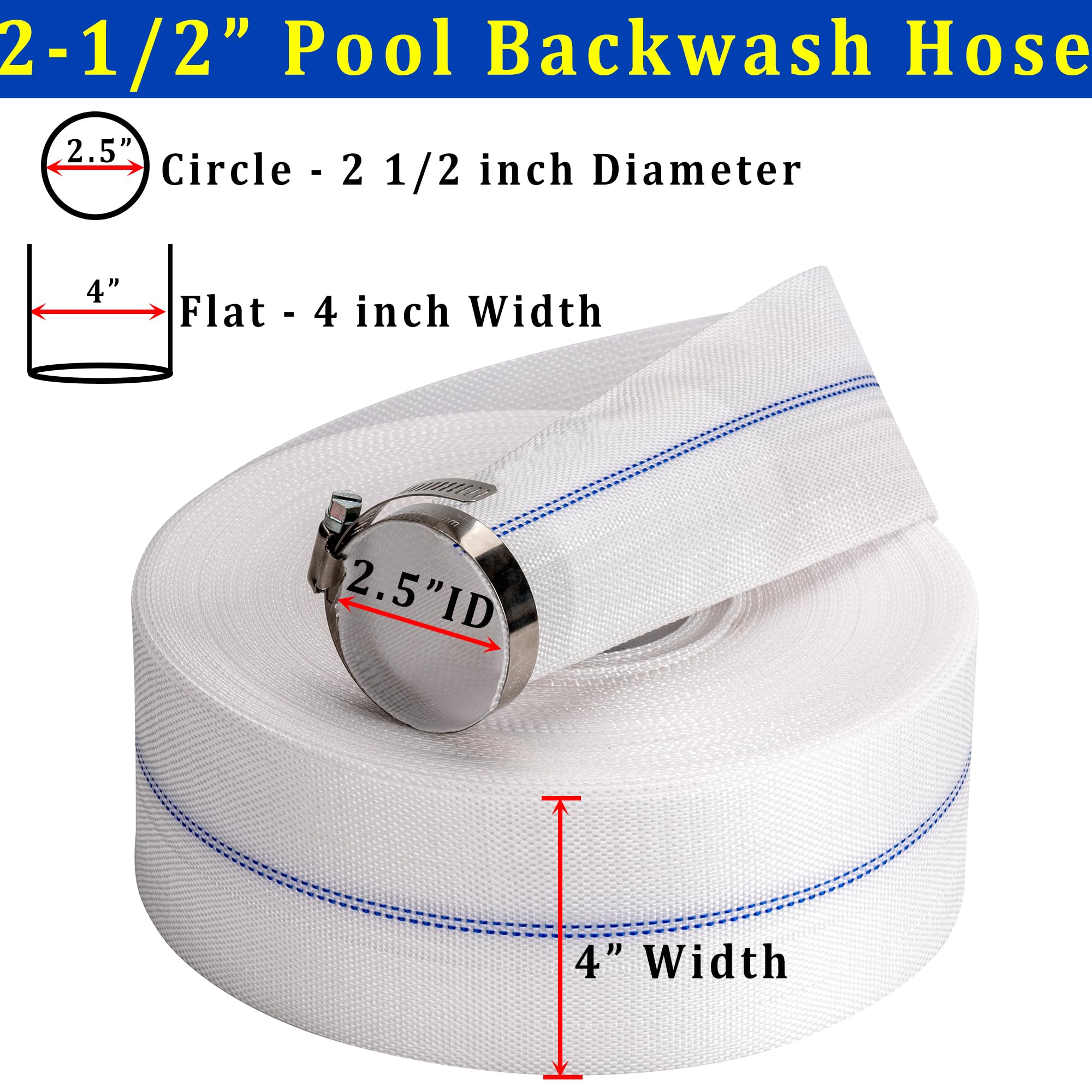 Manguera de retrolavado de piscina de 2-1/2 pulgadas × 100 pies, manguera de descarga reforzada de fibra de uso general, flexible, ligera, tubo de drenaje plano para transferencia de agua