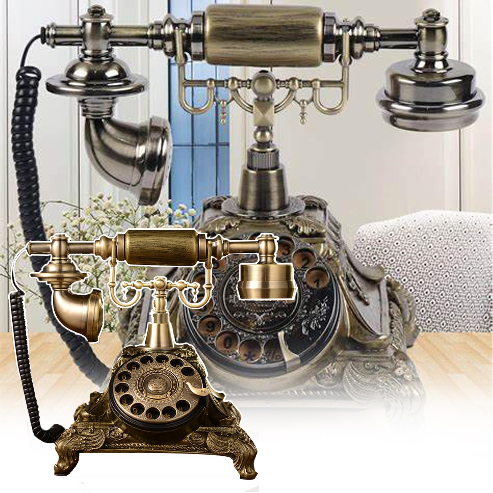 Téléphone rétro fixe à cadran rotatif en métal vintage antique AS