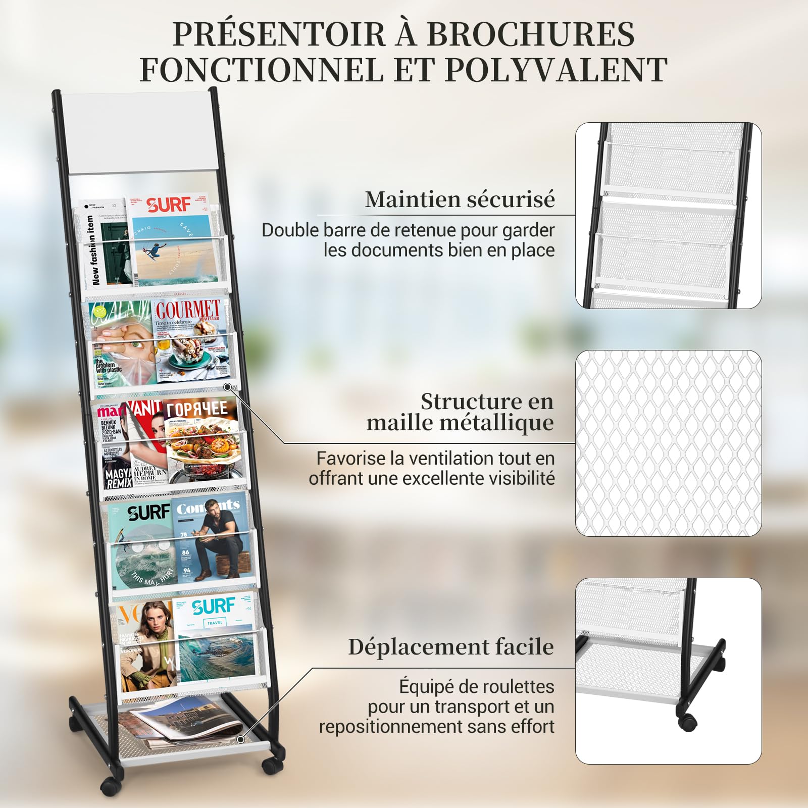 SUNDOY Portariviste su ruote a 5 livelli, espositore per riviste e cataloghi su piedistallo, supporto mobile per ufficio, fiere, casa e casa (5 strati, larghezza 32,5 cm)
