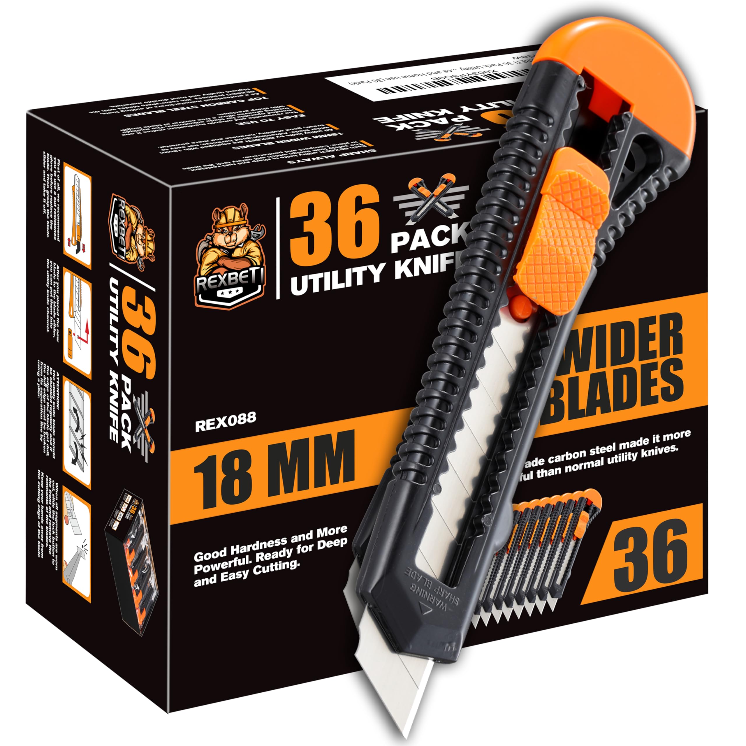 REXBETI Paquete de 36 cuchillos utilitarios, cortador de cajas retráctil para cartones, cartón y cajas, hoja afilada de 18 mm de ancho, mecanismo suave, perfecto para oficina y uso doméstico (paquete