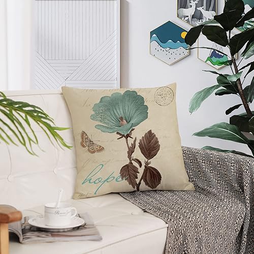 Miniatura 7 de Juego de 4 fundas de almohada decorativas con diseño floral, fundas de almohada lumbares de algodón y lino con hojas de loto, fundas de almohada