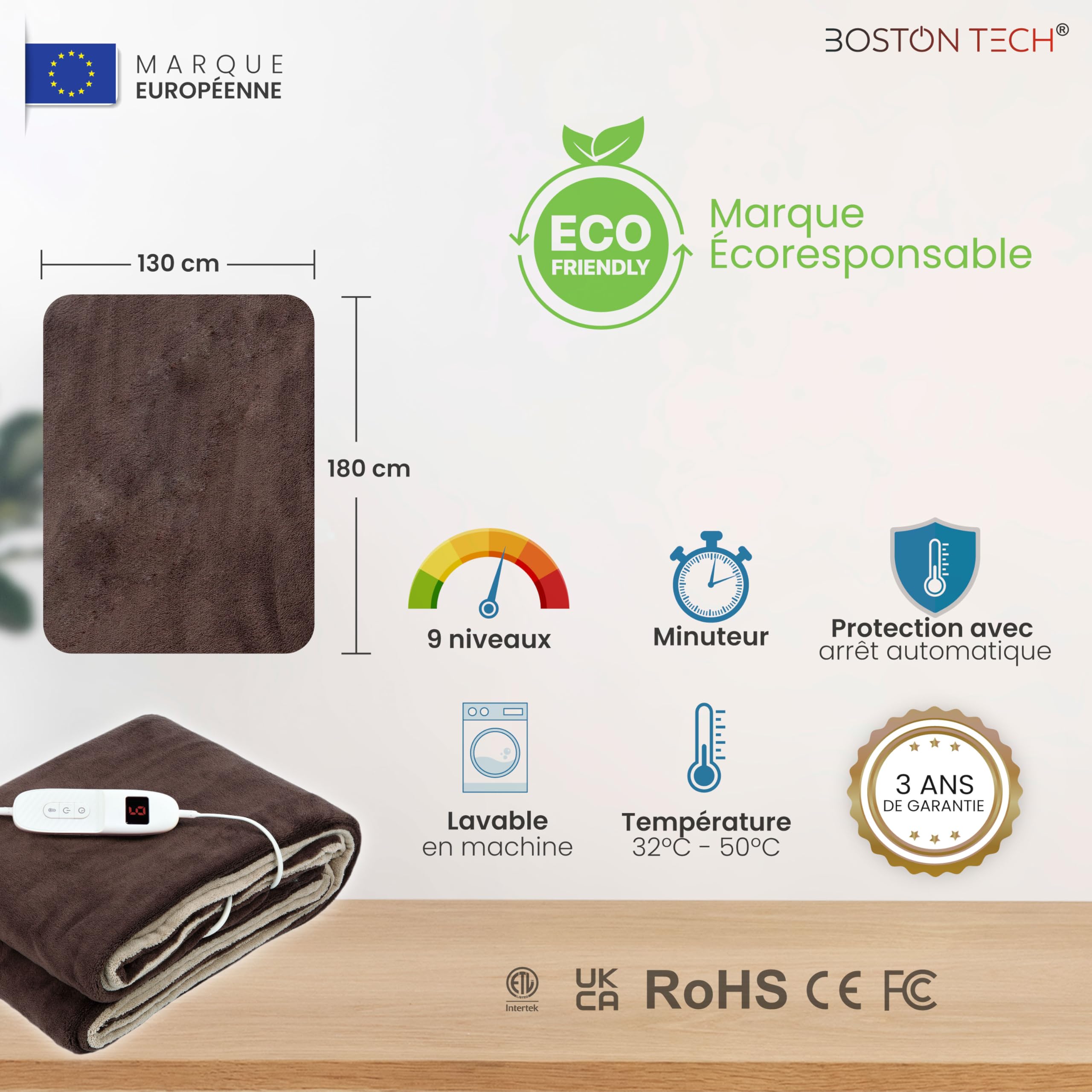 Couverture Chauffante Double Comfortmax 180x130 cm | 9 Niveaux de Température | Contrôle Numérique Amovible | Chauffage Rapide + Arrêt Automatique | Protection Surchauffe | Lavable en Machine