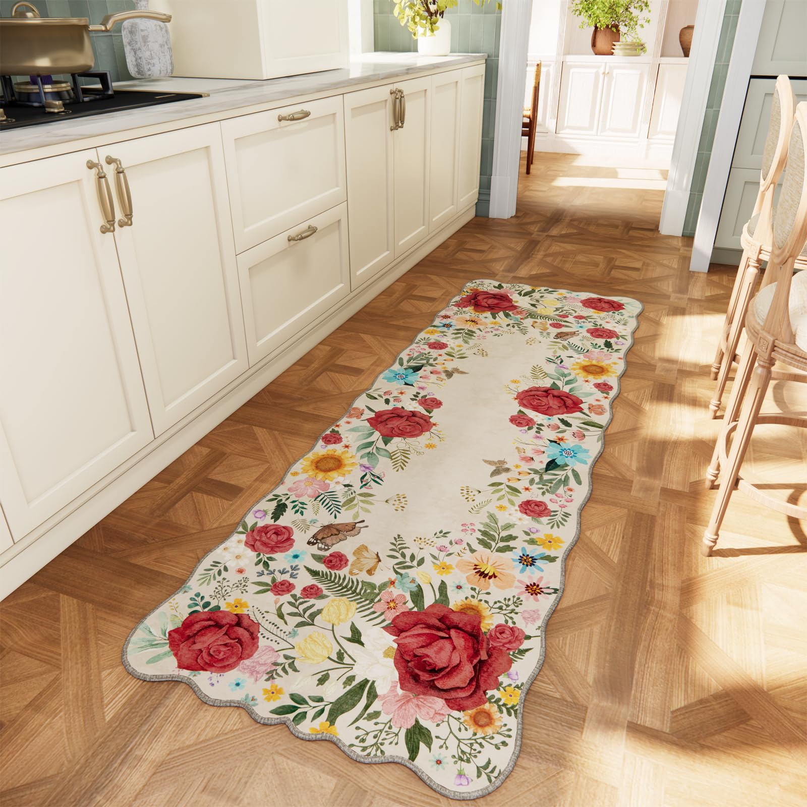 NoiFamo Kitchen Rug Runners for Hallways: 2x6 Washable Runner Rugs for Kitchen Ultra Thin Stain Resistant Non Slip Low Pile Lightweight Vintage Floral