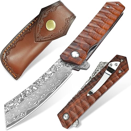 KOMWERO EDC - Cuchillo de bolsillo de Damasco con funda de cuero, cuchillo plegable Tanto con hoja de damasco, mango de madera, bloqueo de