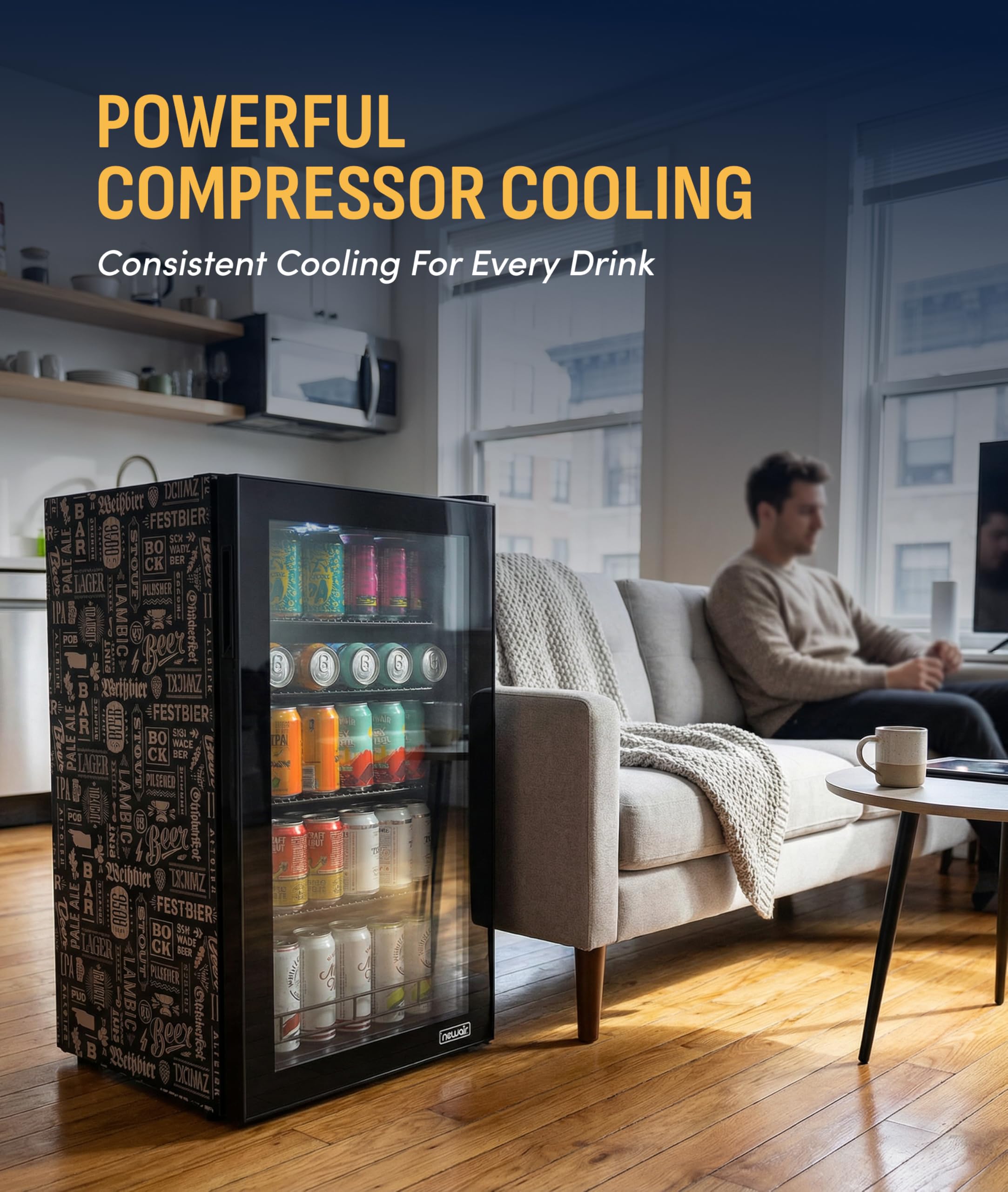 NewAir 126 Can Beverage Refrigerator | Freestanding Mini Fridge For Home Bar Or Office | Splitshelf Storage, 32°F Cooling & LED Lighting | “Beers Of The World” Design on Fridge.com - View 6