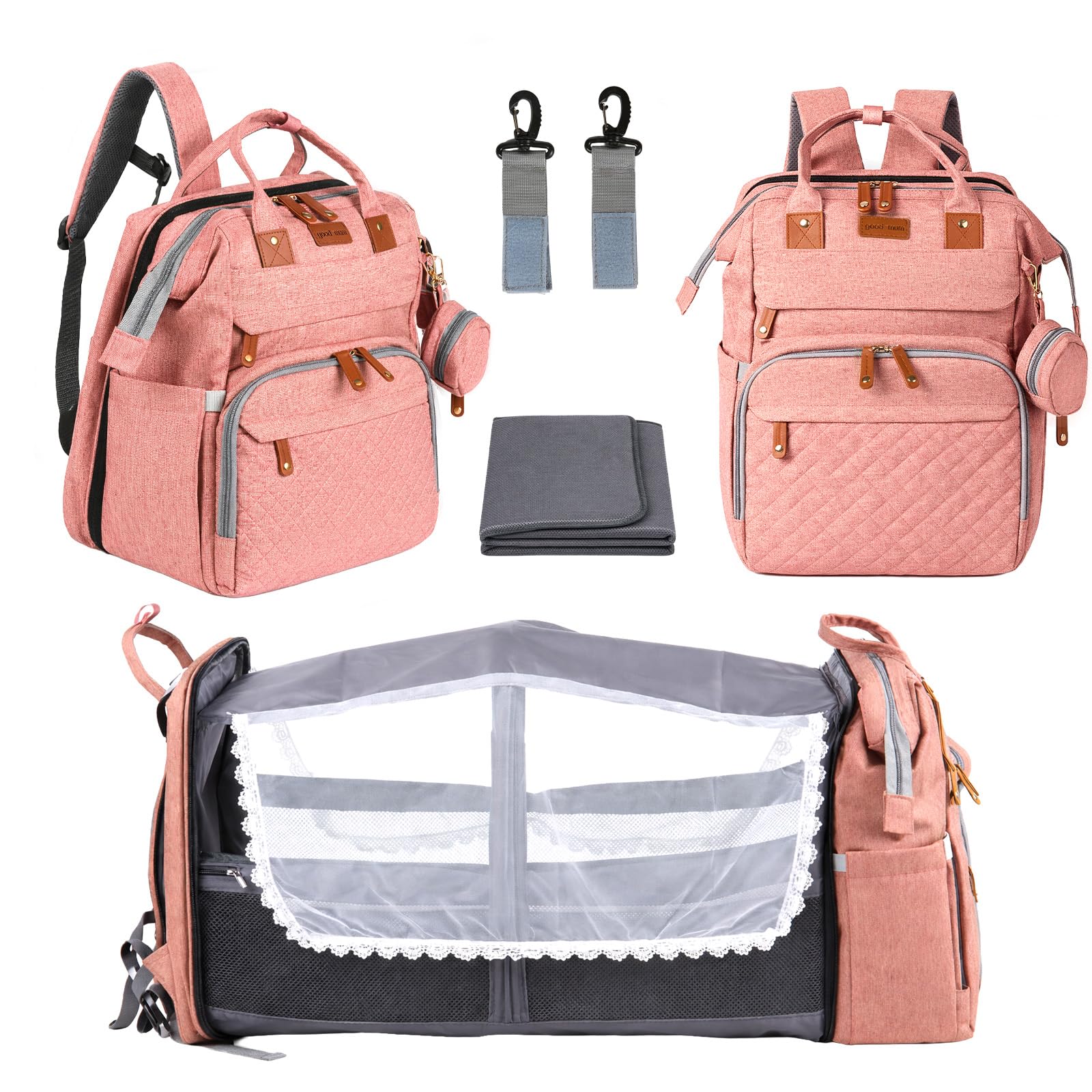 LN COZY CORNER Baby Changing Backpack – Stylish Multifunctional Large Nappy Bag with Built-In Changing Mat, Insulated Bottle Pockets, and Multiple Compartments for Mum & Dad (Pink)
