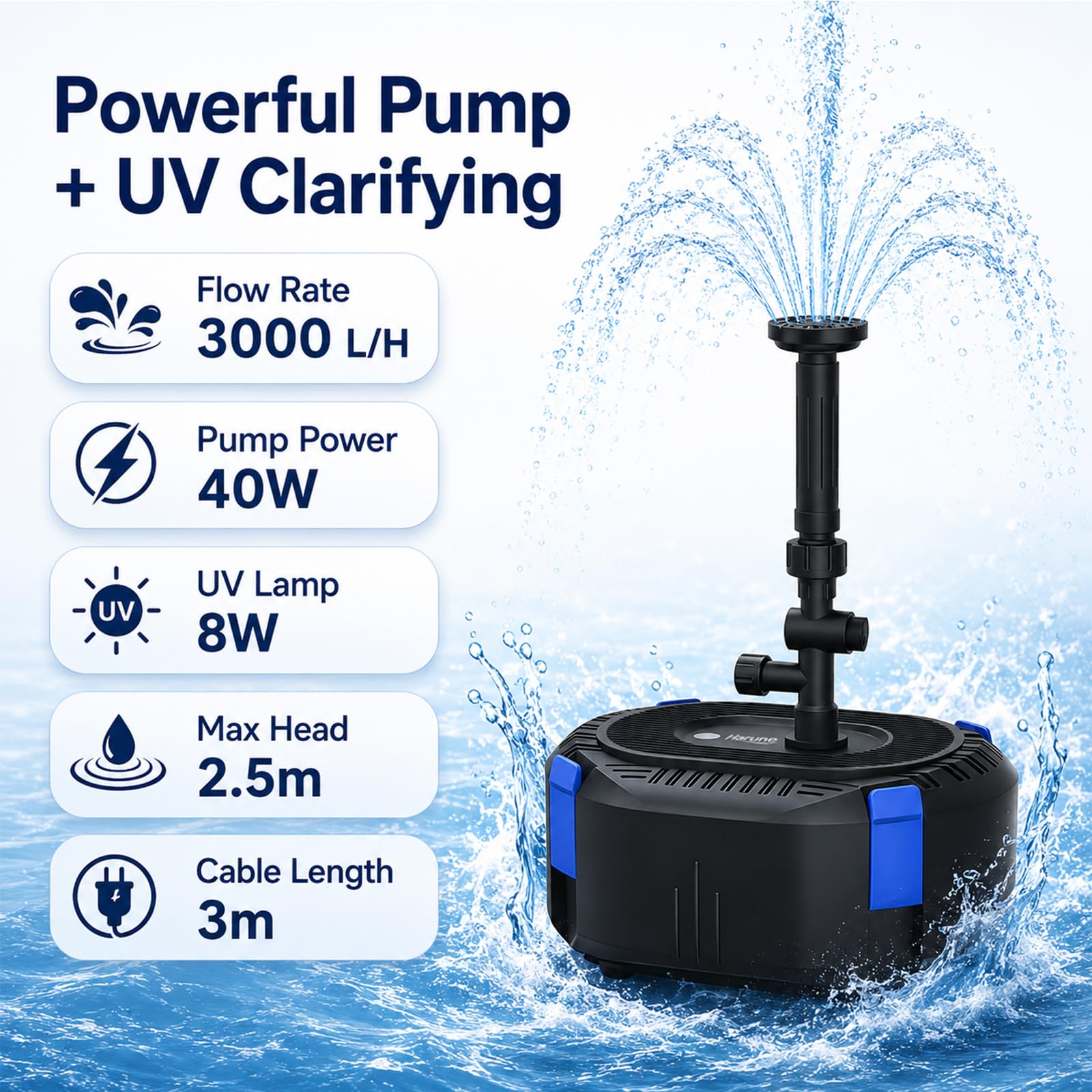 Harune Pompa filtrante per laghetto da 3000 l/h con chiarificatore UV da 8 W, pompa sommergibile per fontana sommergibile da 40 W, per laghetti da giardino, cascate e giochi d'acqua, filtrazione