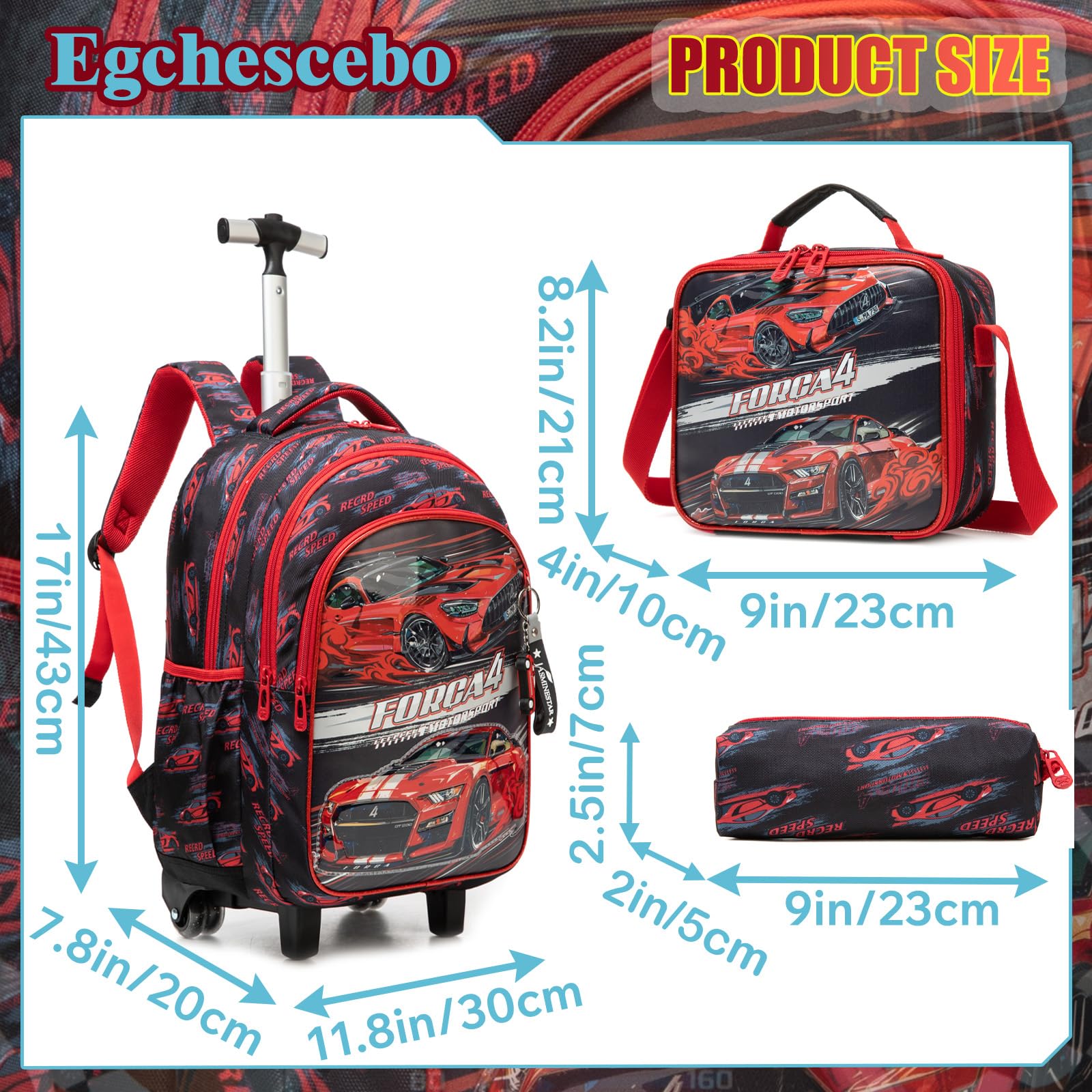 Sac a Dos Enfant à Cartable Cabine Voitures Roulette Garçon Primaire Valise École Maternelle Sacs D'école pour Voyage de Bagages 17" 3PCS Ensemble Grand Cartable Étudiant Simple Rouge
