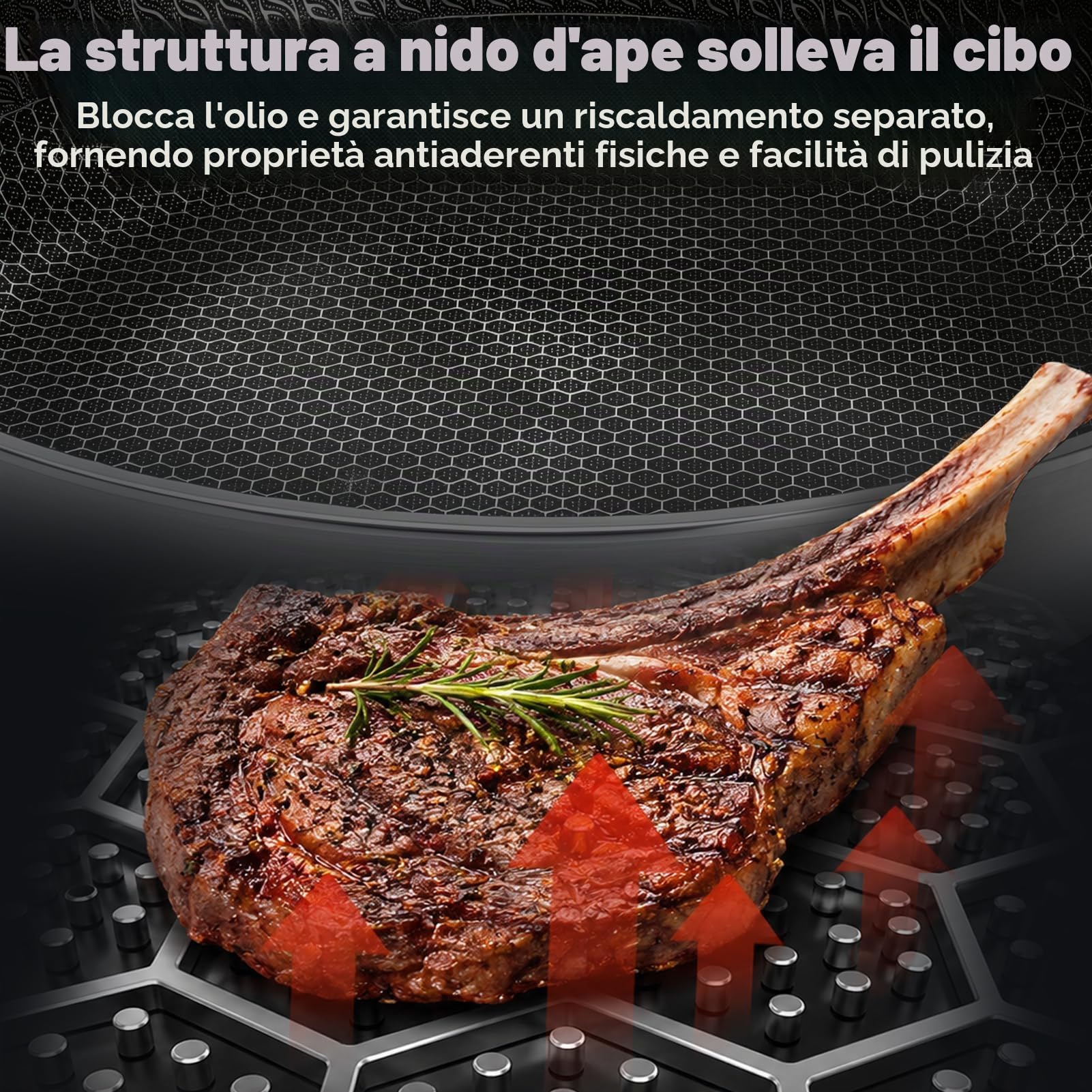 Padella Ibrida Inox Antiaderente 32cm con Superficie a Nido d'Ape | Padella Senza PFAS con Struttura Tri-Ply, Compatibile Induzione, Forno e Lavastoviglie