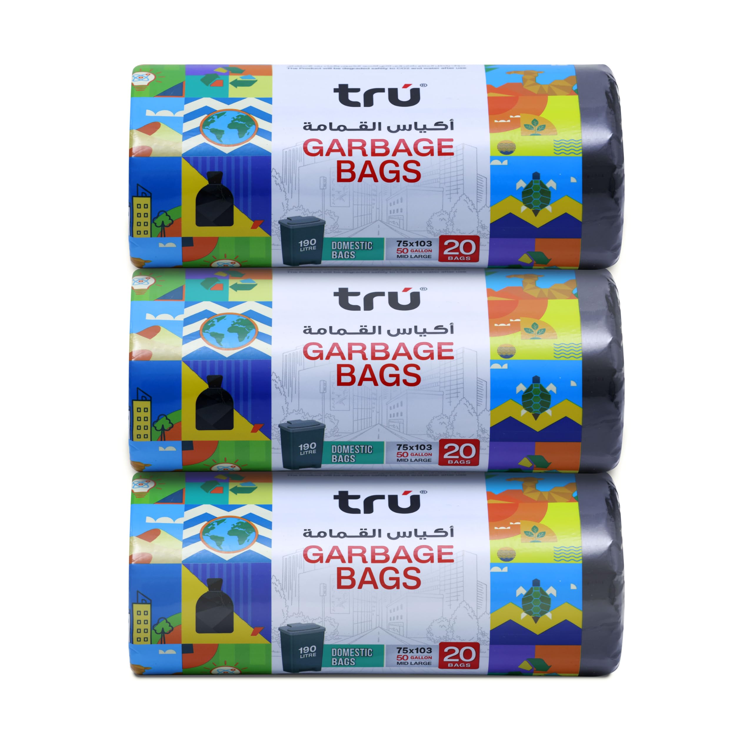 Garbage Bags Compact Roll Black 75x103cm 50Gallon (20pc x 3 Rolls) 60bags