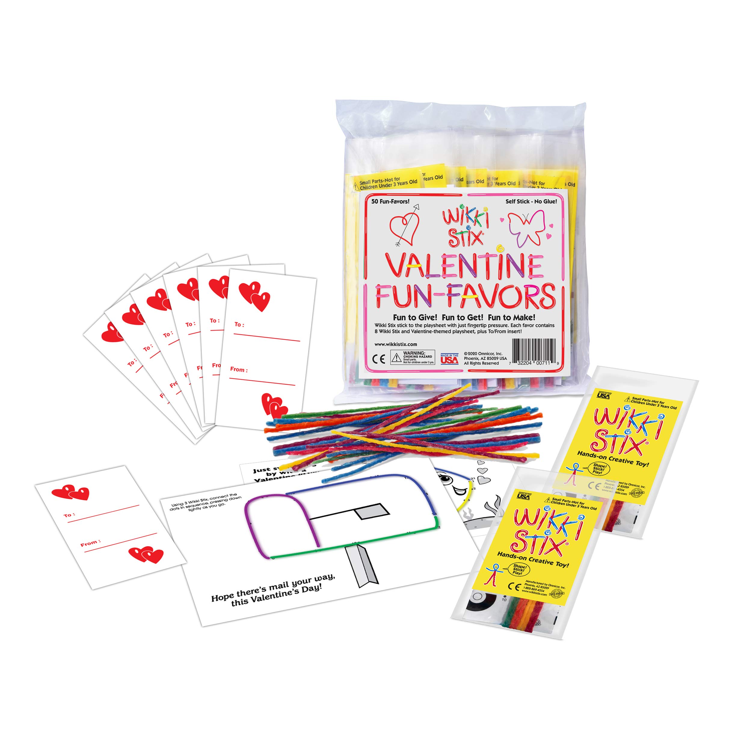 Wikki Stix" Valentine Fun Paks, 50 fun paks with 8 and a Valentine activity sheet, Made in the USA!