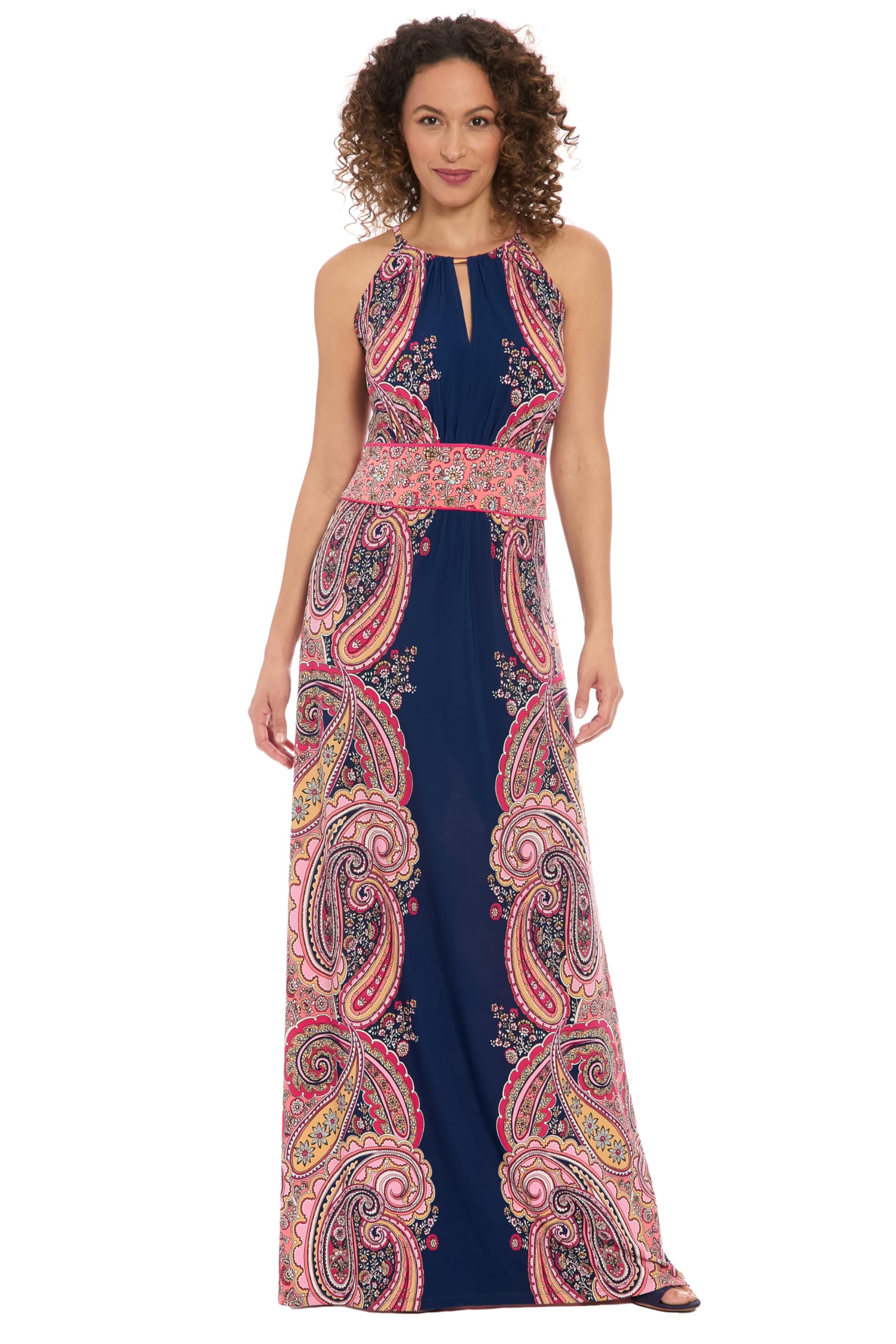 London Times Womens Spaghetti Halter Maxi with Keyhole Neck and Border Waistband