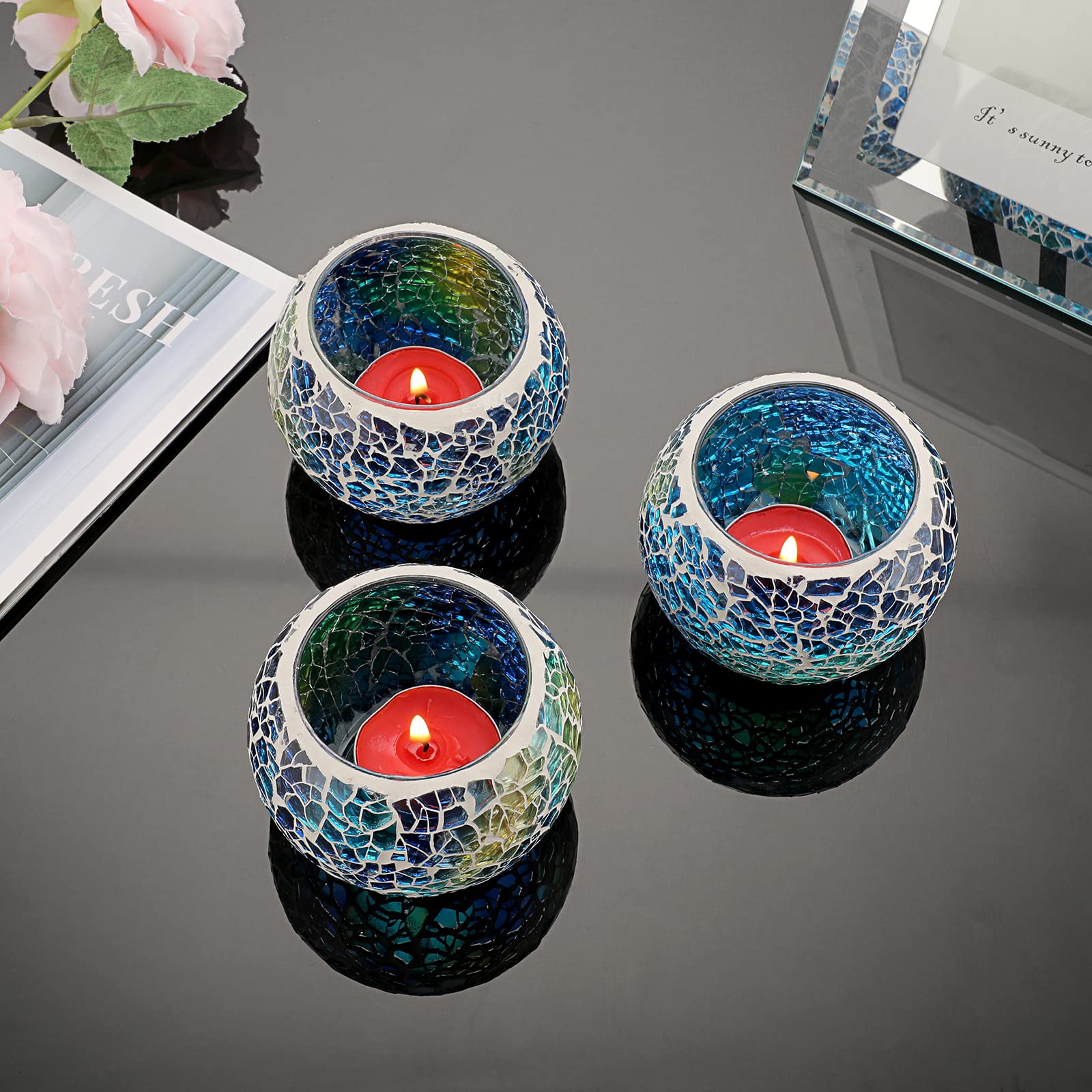 BSTKEY Set di 3 portacandele in vetro a mosaico, portacandele votivi, portacandele rotondi per tavolo, matrimoni, feste, decorazioni per la casa (blu)
