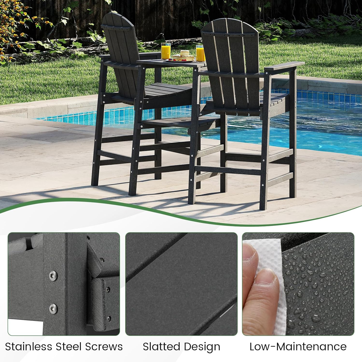 Giantex Outdoor Tall Adirondack Chairs Set of 2, HDPE Adirondack Bar Stools w/Double Connecting Tray, Umbrella Hole, High Backrest, All-Weather Balcony Chair, Patio Barstools for Garden Lawn (Gray)