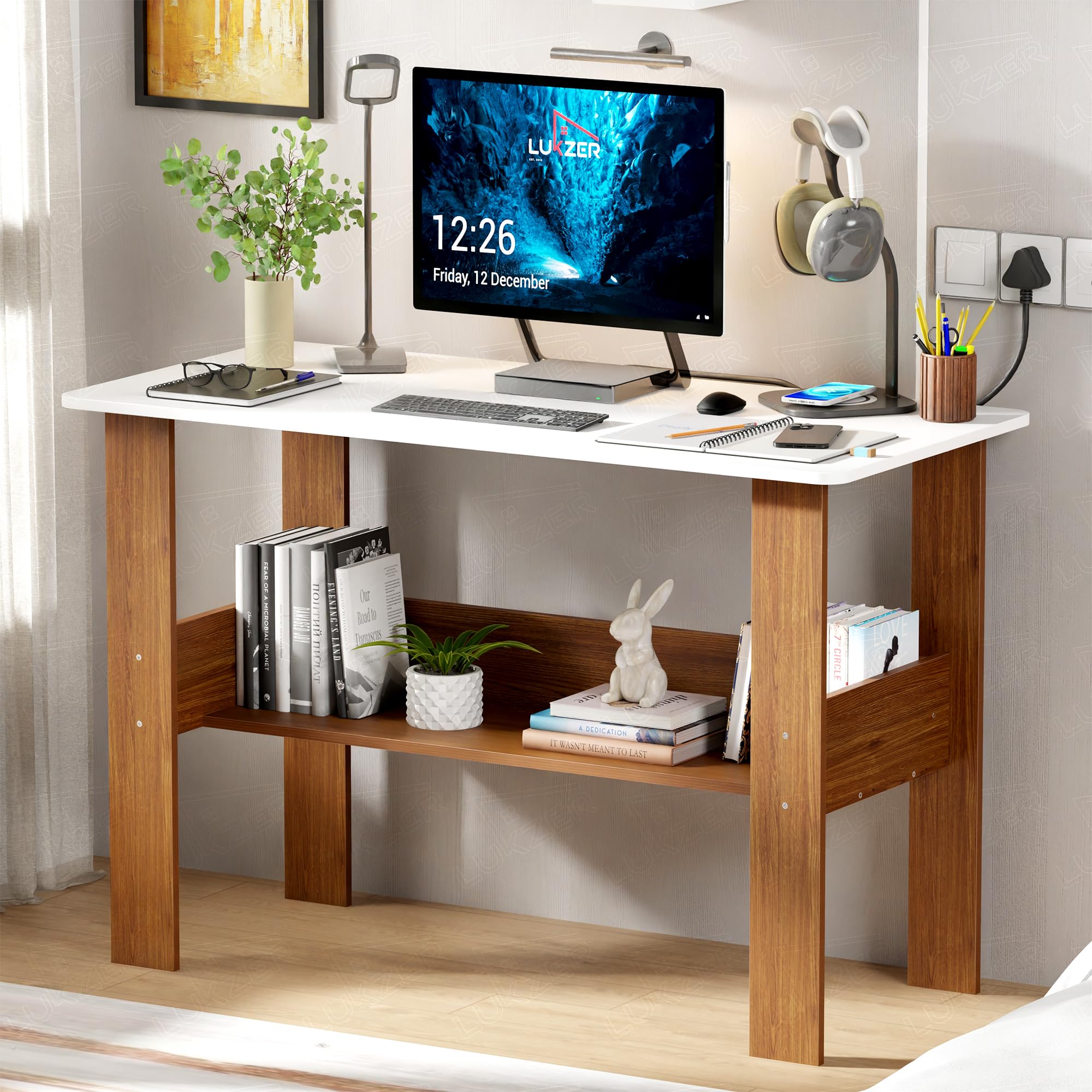 Lukzer Premium Engineered Wood Computer Desk with One Tier Shelves Laptop Study Table for Office Home Workstation Writing Modern Desk (ST-004/Dual Color/ 90 x 50 x 77 cm)