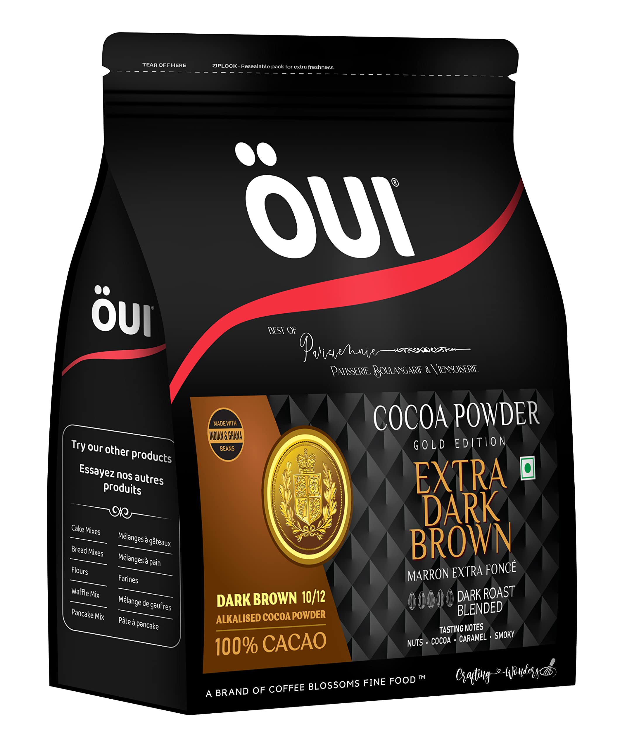 OUI Gold Edition Extra Dark Brown Cocoa Powder I 100% Cocoa I Dutched (Alkalised) | Vegan I Gluten Free | Dairy Free | Resealable Zip Pouch | 1kg
