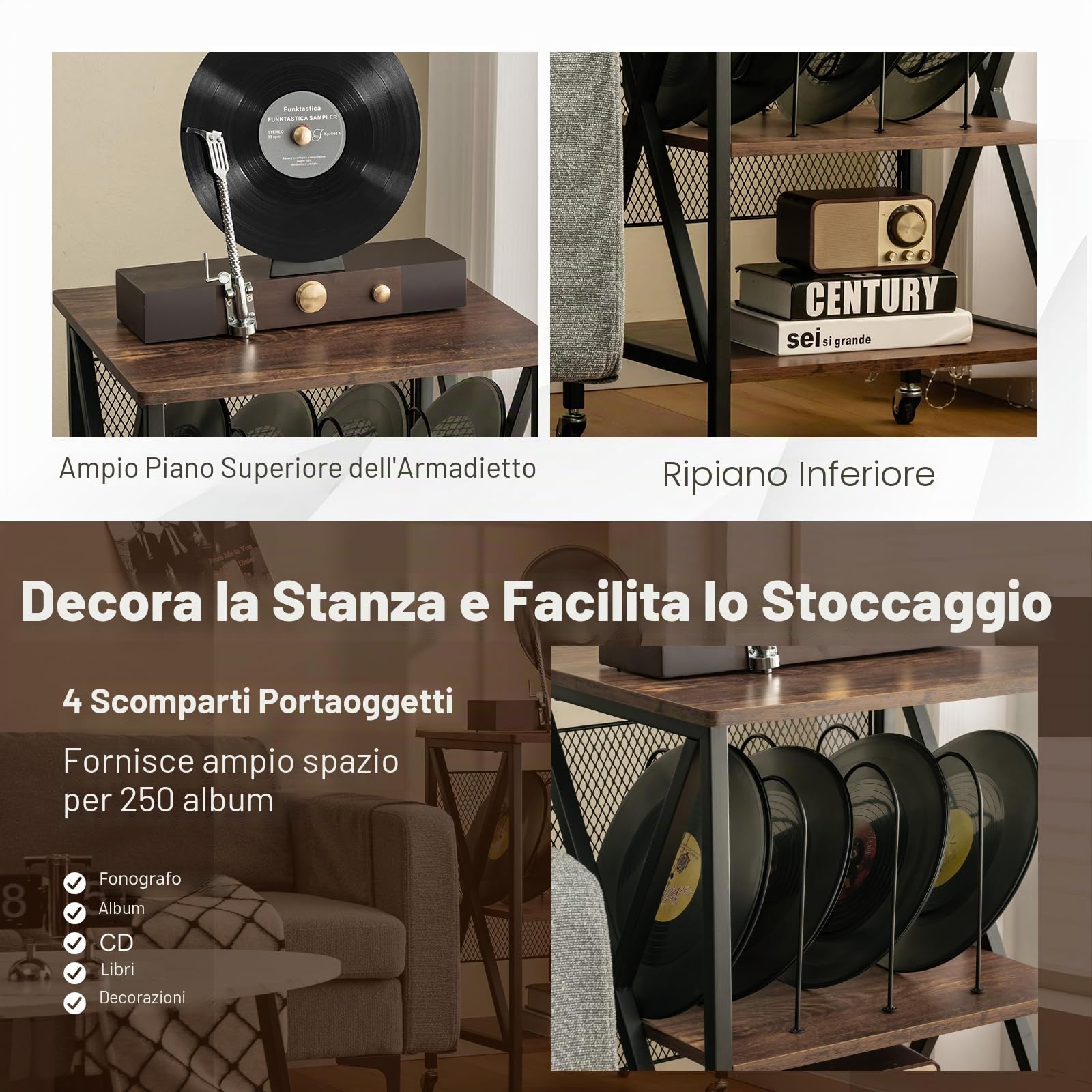 KOMFOTTEU Supporto per Giradischi in Vinile Fino a 250 Album, Mobile Porta Vinili con Ruote, Espositore per Dischi, Divisori Rimovibili e Scomparti Aperti
