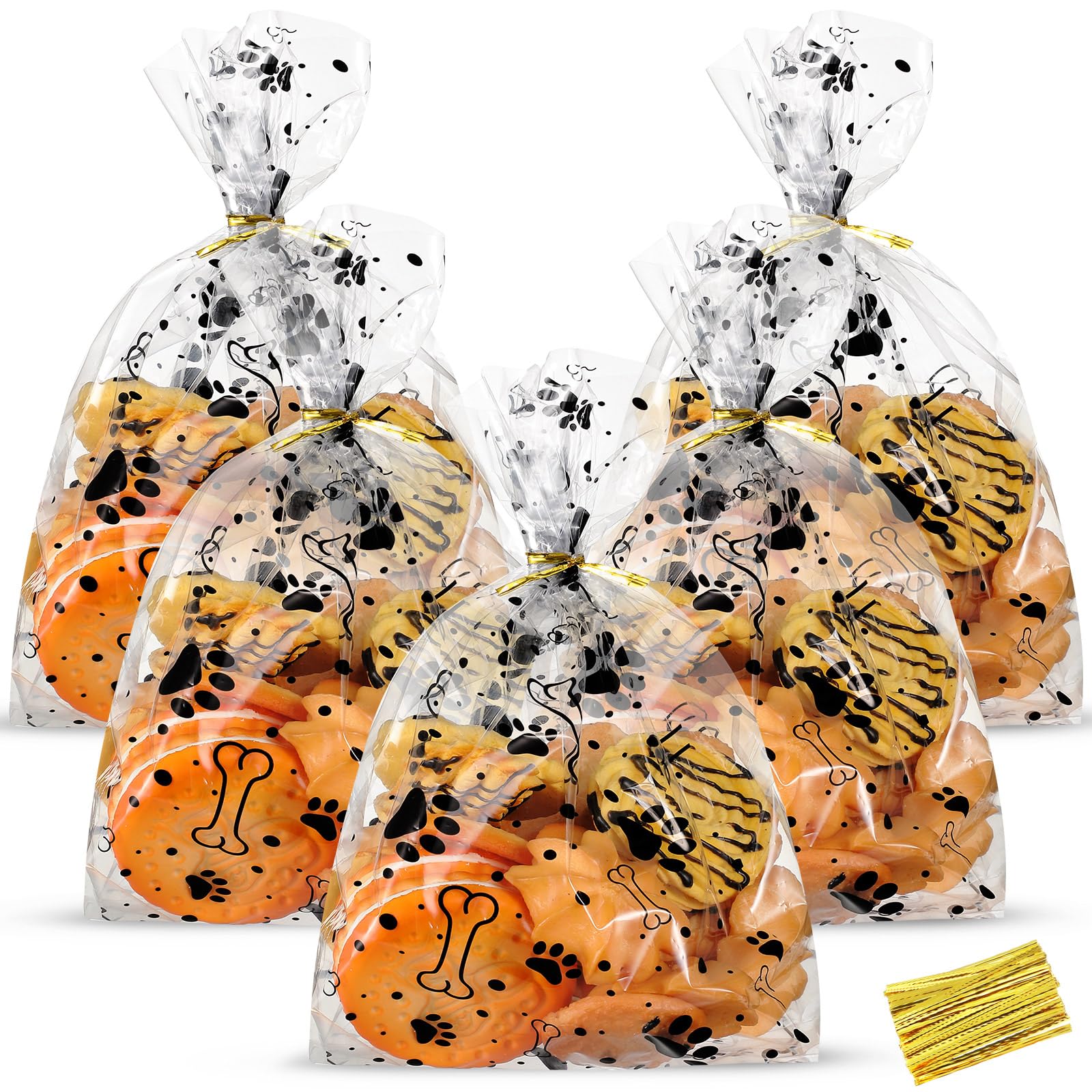 HESTYA 50 Counts 5 x 11 Inches Dog Paw Treat Bags Flat Clear Cellophane Twist Ties Included, Ideal for Homemade Treats, Candy, Goodie Party Bags for