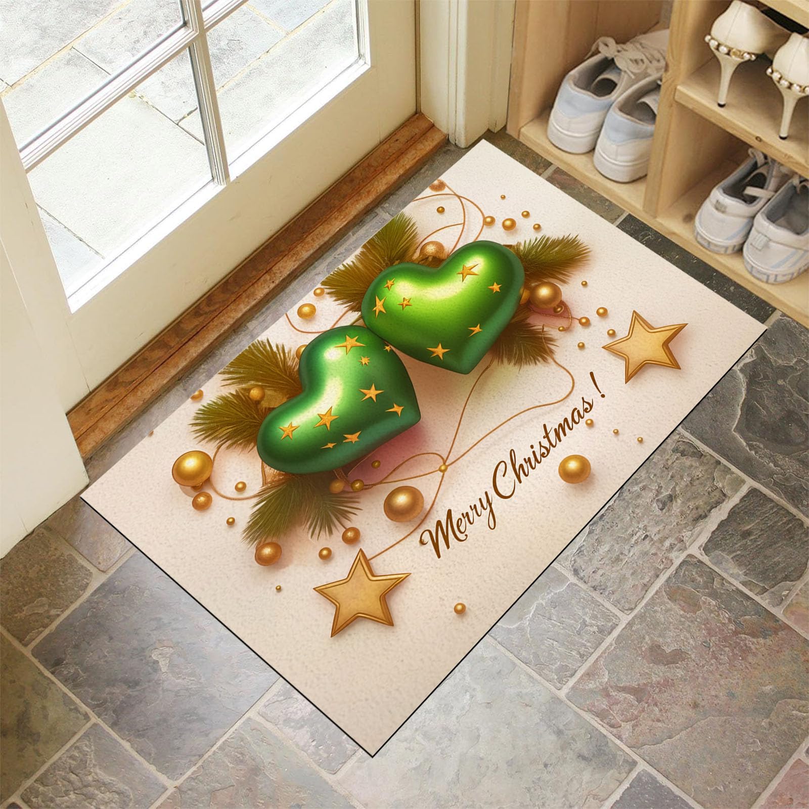 Felpudos De Navideño, 90X150Cm Antideslizante Alfombra De Globos 3D En Forma De Corazón, Alfombra De Puerta Entrada para Navidad De Lujo, Felpudos De Bienvenida De Beige para Interiores