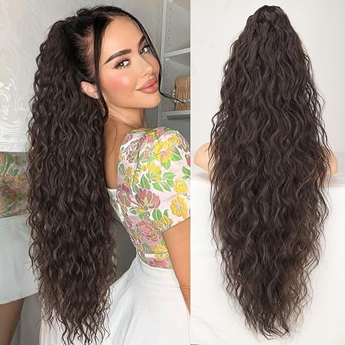 ORSUNCER Dark Brown Ponytail Extension Claw 30" Curly Pony Tail Clip in Claw Hair Extensions Fluffy Natural Looking Synthetic Hairpiece for Women…