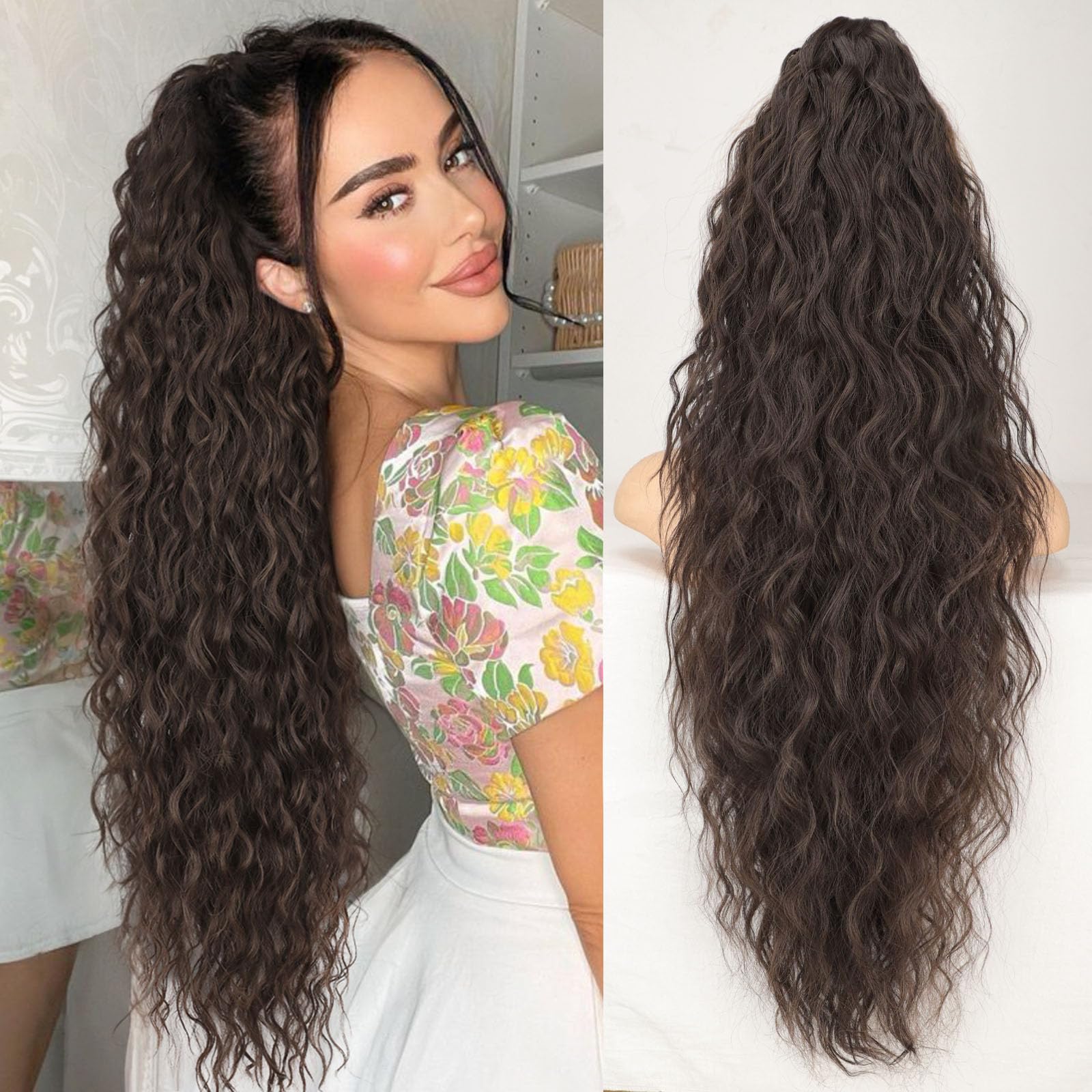 ORSUNCER Dark Brown Ponytail Extension Claw 30" Curly Pony Tail Clip in Claw Hair Extensions Fluffy Natural Looking Synthetic Hairpiece for Women…
