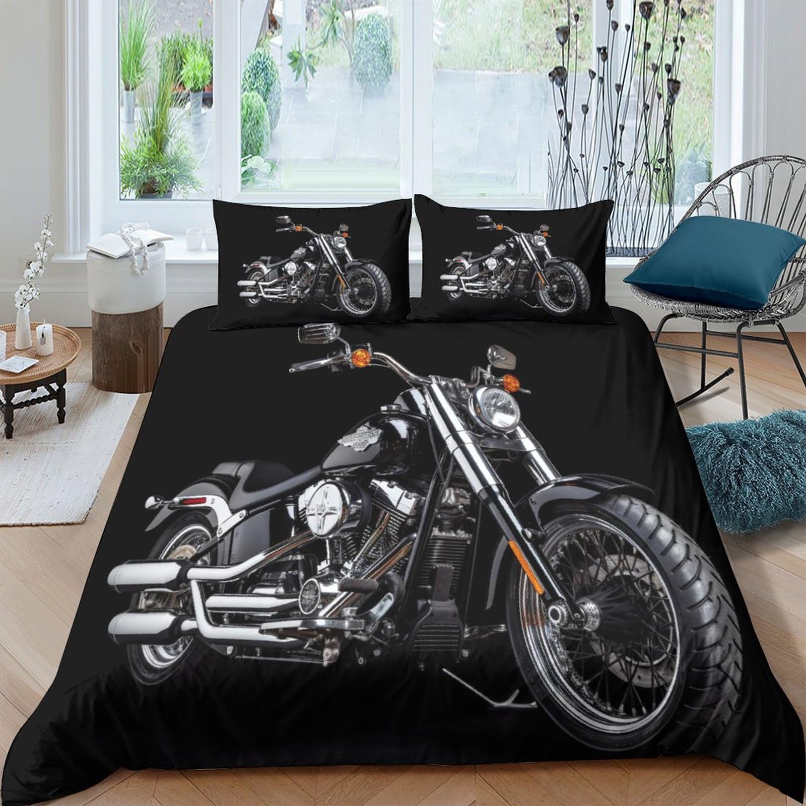 Essahi Style-14 Harley Rider Duvet Cover Set 3D Printed Vintage Motorbikes Quilt Cover Soft Microfiber Bedding Sets 3 Pieces With Pillwocase Hidden Zipper Comforter Cover，For Kids Adult Teens Double（200X200cm）