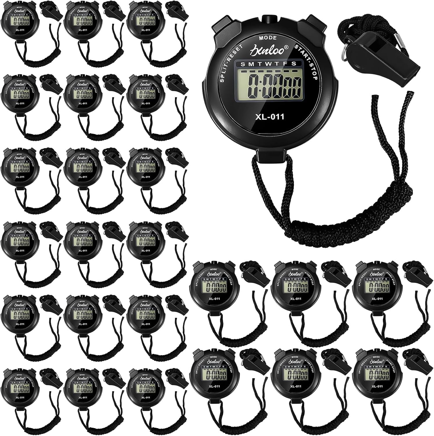 48 Pcs Digital Stopwatch Timer and Plastic Whistle Bulk, Waterproof Chronometre with Lanyard Sports Timer with Date Time and Alarm Function for Coaches Referees Fitness Training (Black)