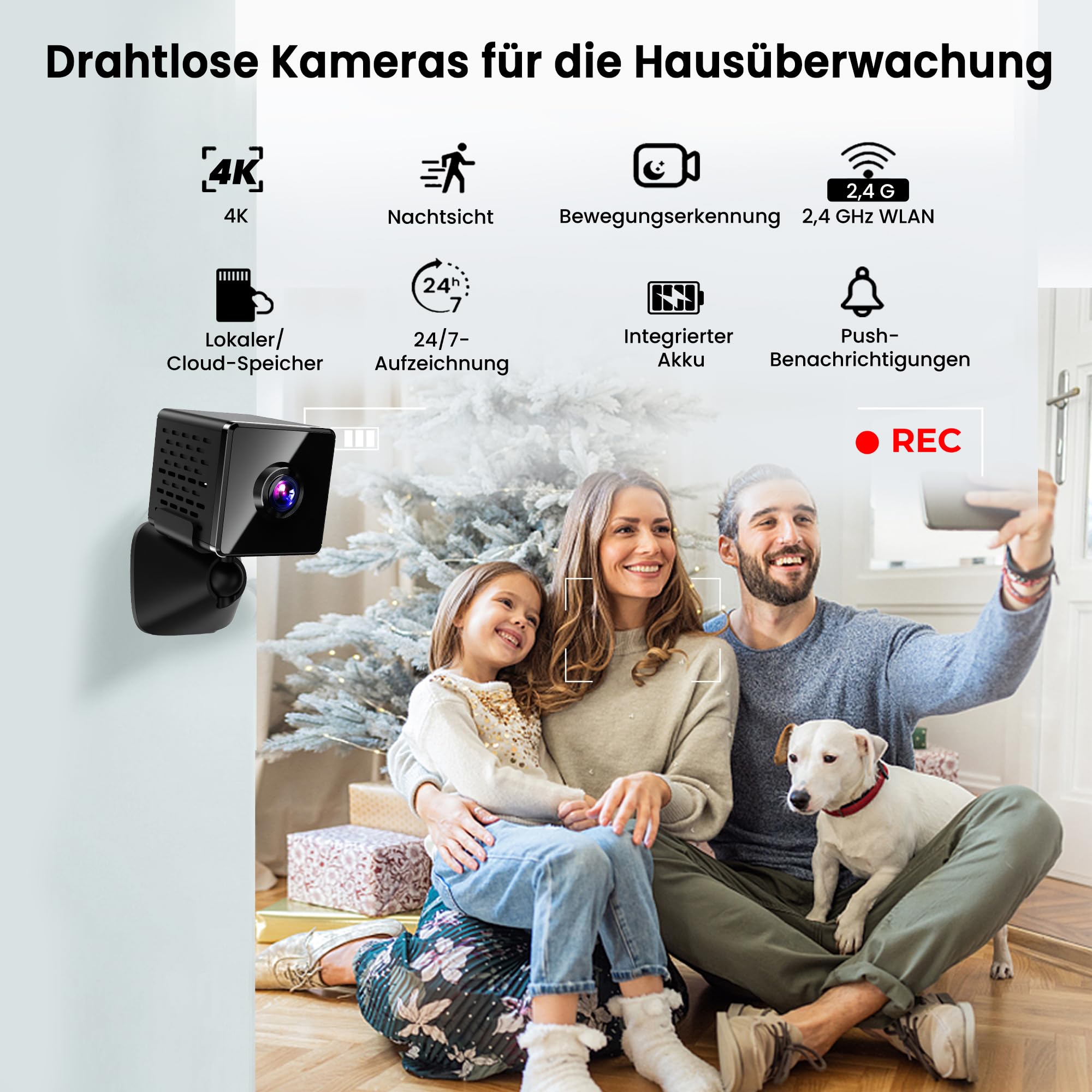 javiscam Mini Kamera inklusive Eurostecker,4K WiFi Überwachungskamera Innen Akku mit Nachtsicht, Kamera überwachung innen mit Bewegungserkennung/Cloud- & SD Speicher/Echtzeit-Video für Haustier,Baby