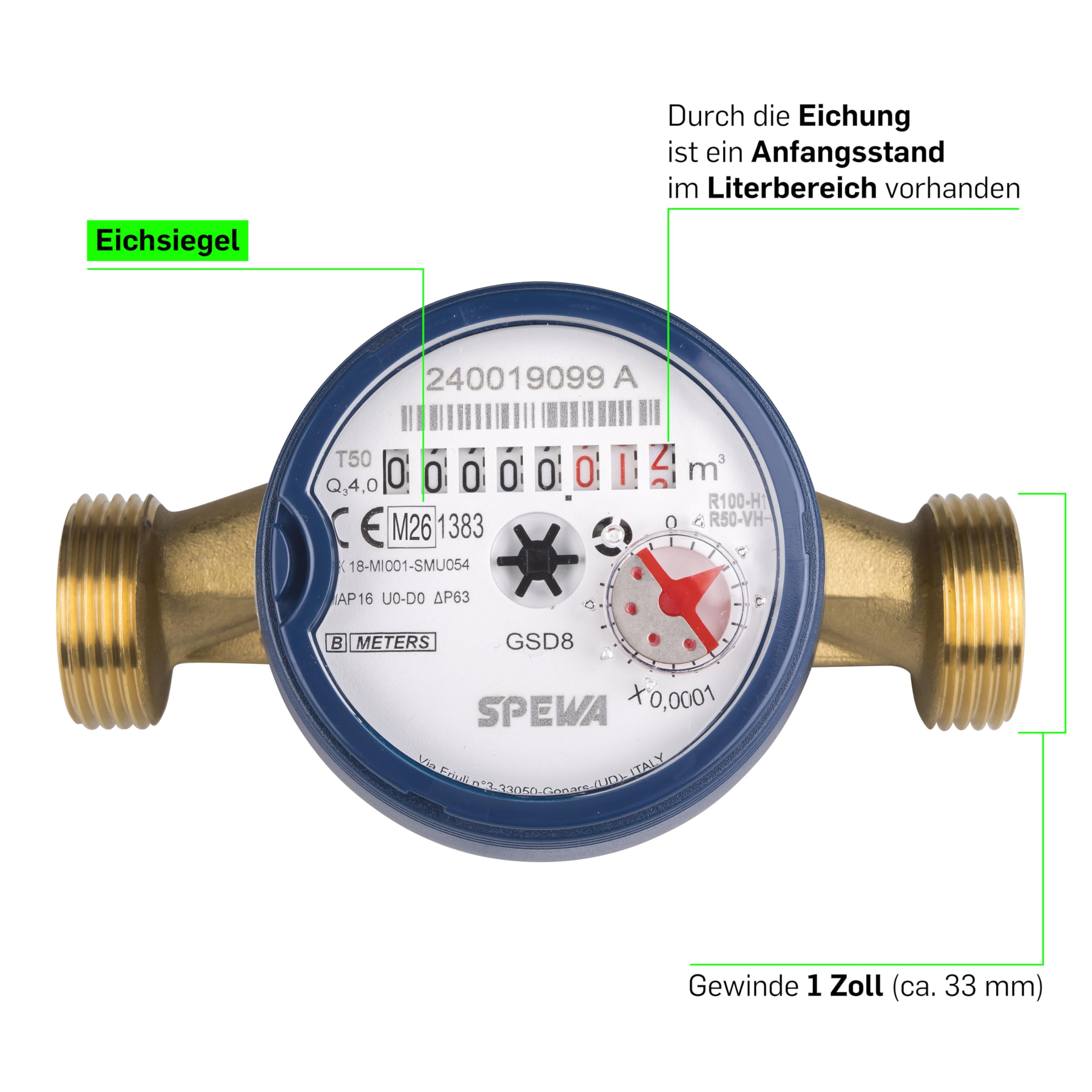 SPEWA Wasserzähler 1 Zoll AG (33 mm) / QN 2,5 Kaltwasser/Bl. 130 mm/Wasseruhr geeicht 2026 / beste Messgenauigkeit Eichung erkennbar in dem Siegel " CE M26 1383" / M26 = 2026