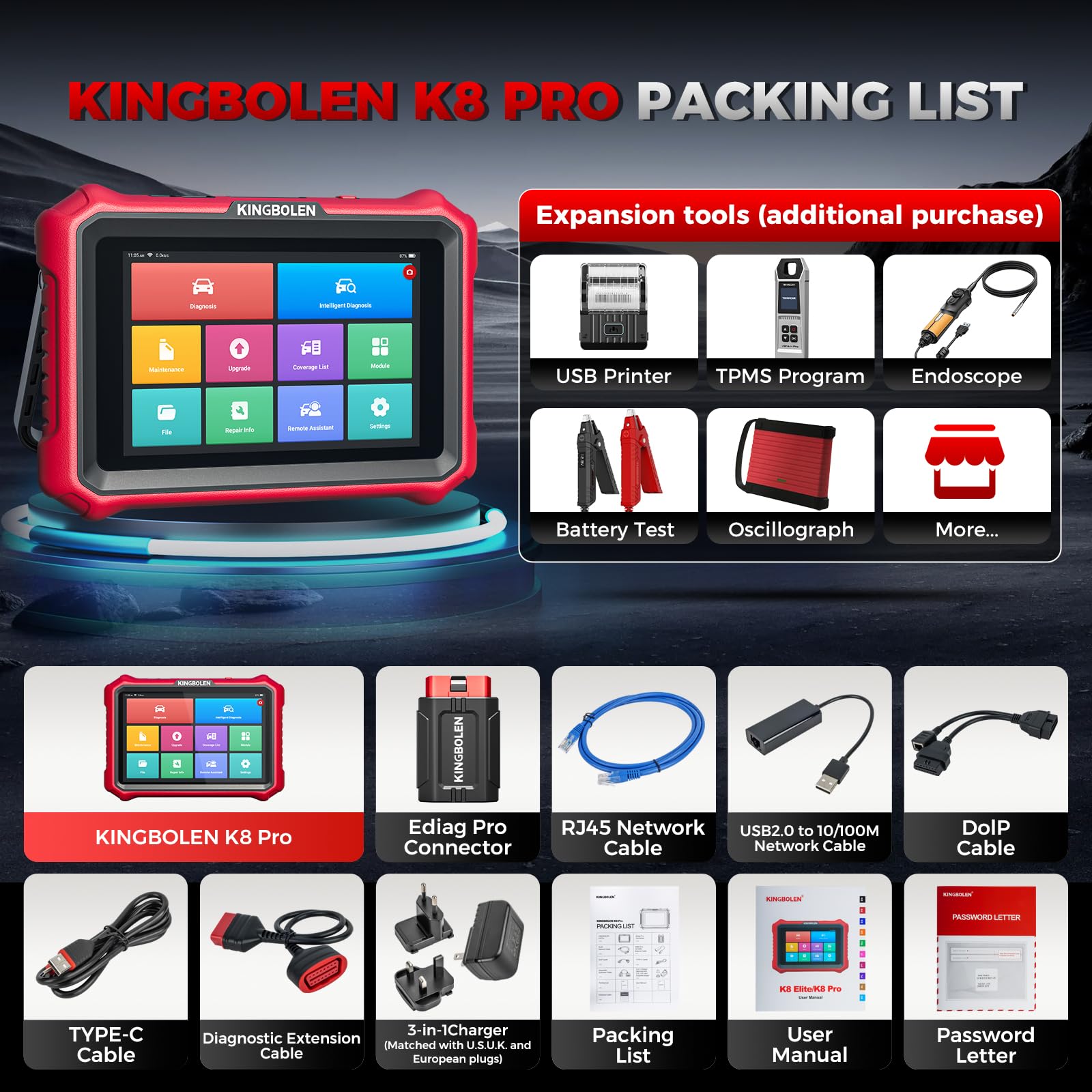 KINGBOLEN K8 PRO Narzędzie diagnostyczne OBD2 dla wszystkich pojazdów, dwukierunkowe narzędzie diagnostyczne samochodu z diagnostyką wszystkich systemów, 42+ reset serwisowy, aktywny test, kodowanie