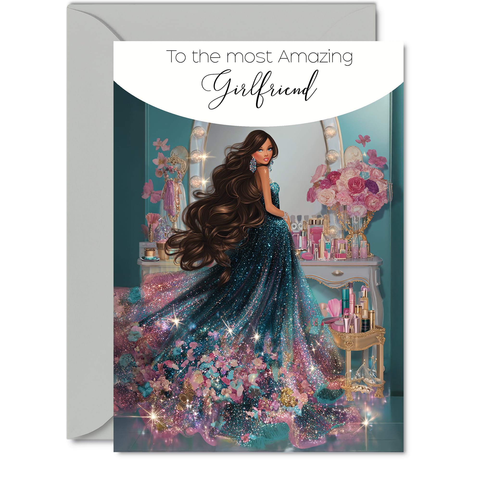 Girlfriend Birthday Card - Glamorous Beauty Fashion - Happy Birthday Card for Girlfriend from Boyfriend Partner, 5x7 Inch Sparkly Dress Bday Greeting Cards