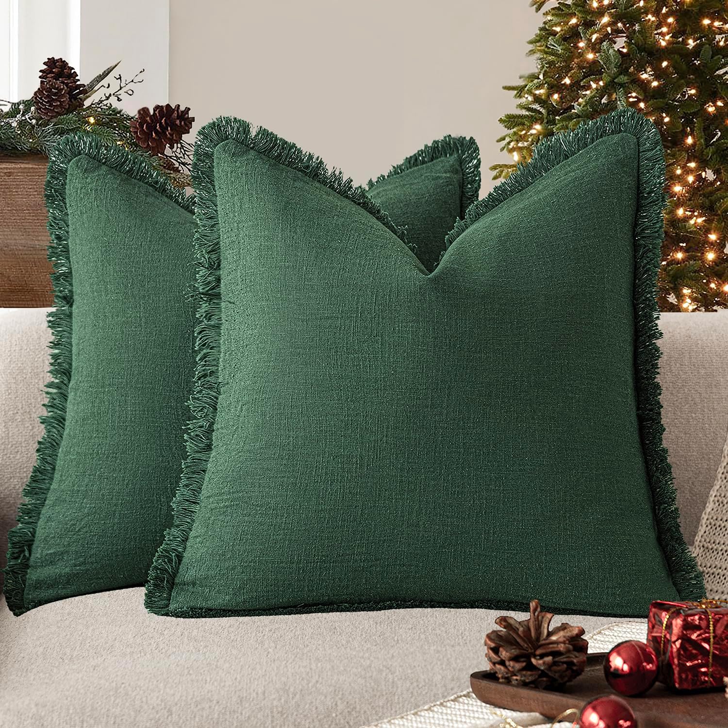 Foindtower Set of 2 Decorative Linen Fringe Throw Pillow Covers Cozy Boho Farmhouse Cushion Cover with Tassels Soft Accent Pillowcase for Couch Sofa Bed Living Room Home Decor, 2424 Inch, Pine Green