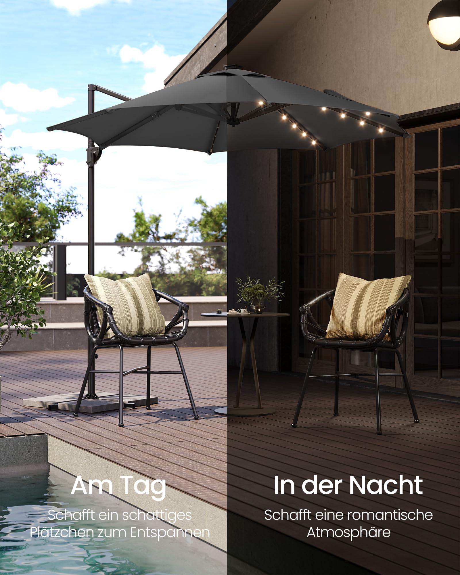 SONGMICS Sonnenschirm Ampelschirm 300 cm 28 Solar-LED-Leuchten | UPF 50+, Gartenschirm, um 360° drehbar, Neigungswinkel stufenlos verstellbar, mit Kurbel, Kreuzfuß, grau GPU047G02
