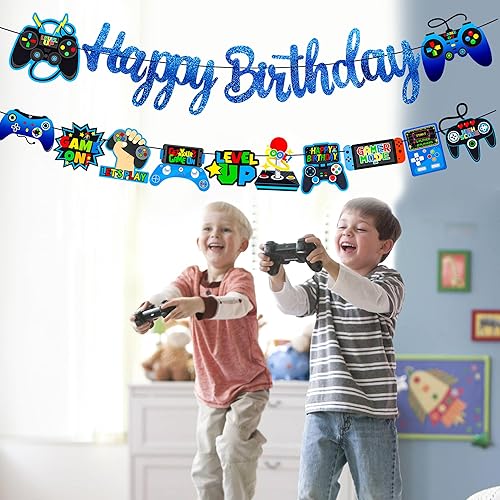 Miniatura 6 de Cartel de cumpleaños de videojuegos con purpurina azul para fiesta, 2 unidades, temática de juegos, decoración de fiesta de cumpleaños, juego en
