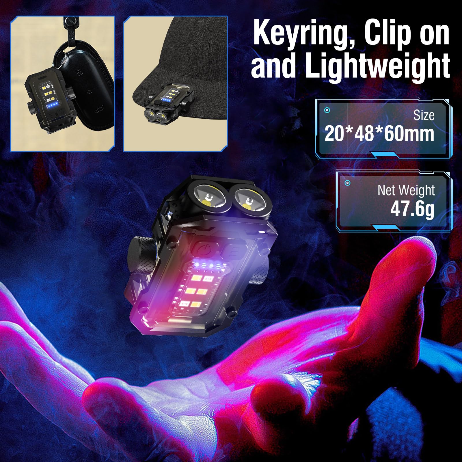 N11 Mini Linterna LED Pequeña con Swivells, con Llavero e Clip, EDC Bolsillo Linternas Alta Potencia 1000 Lumens con Flash Rojo Azul Luz Blu Emergenza,Recargable(Negro)