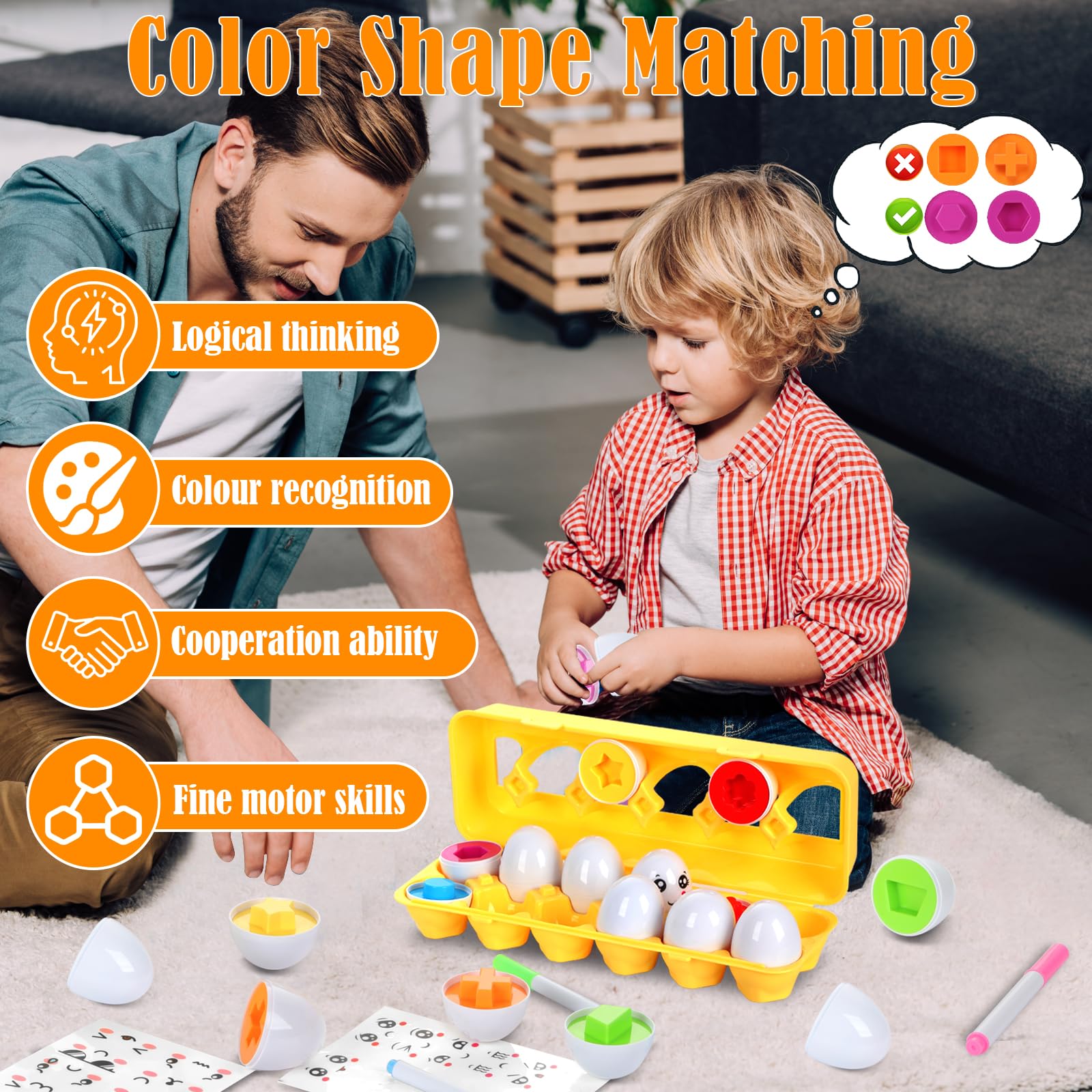 KOMABLEN 12 sztuk Pasujące jajka Montessori Zabawka, jajka dla dzieci Sortowanie kolorów i kształtów Rozpoznawanie, Puzzle jajka Sensoryczna Zabawka dla małych dzieci Z naklejkami i rysikiem na