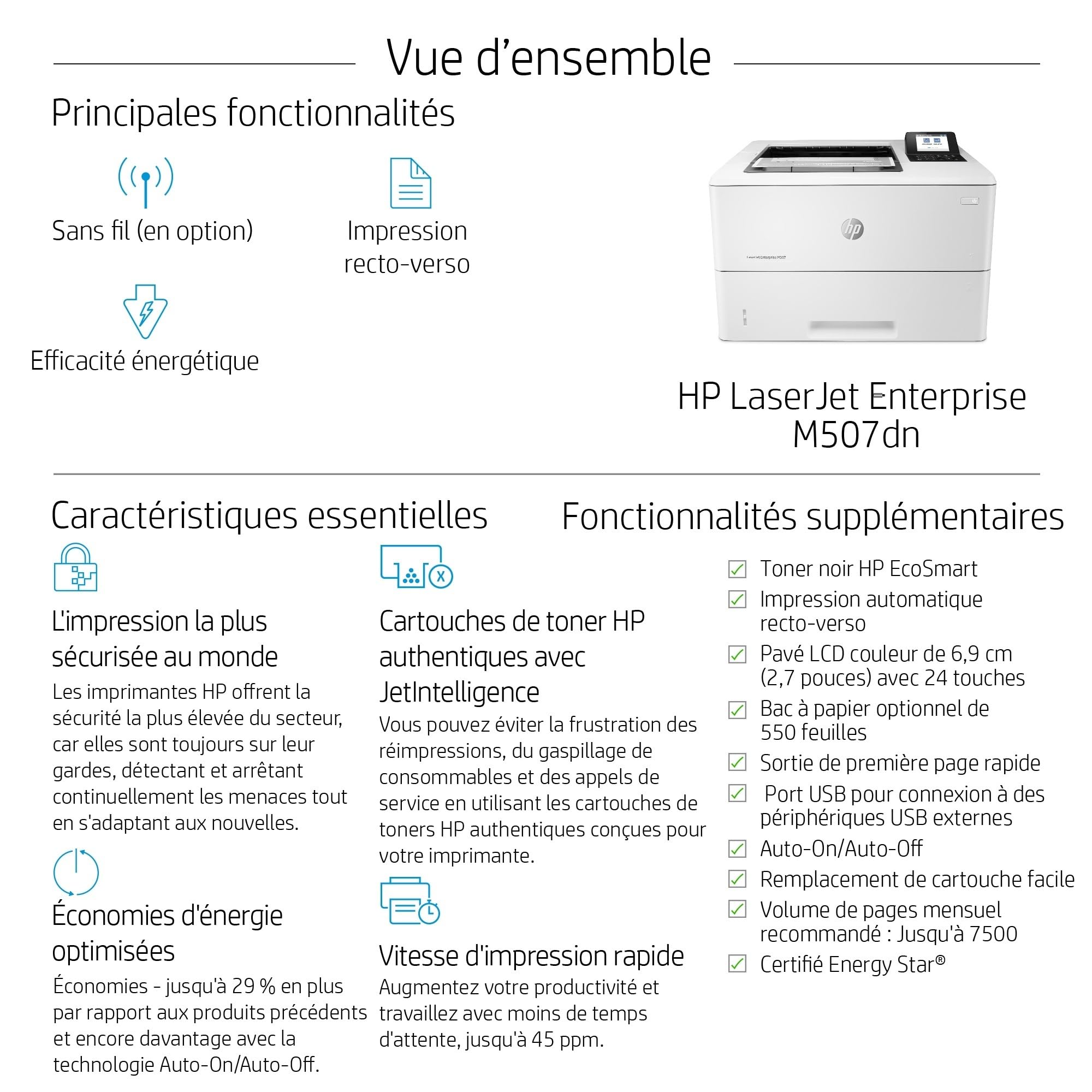 HP LaserJet Enterprise M507dn Imprimante Monofonction A4 Noir et Blanc Recto Verso Automatique 50 ppm USB Gigabit Ethernet