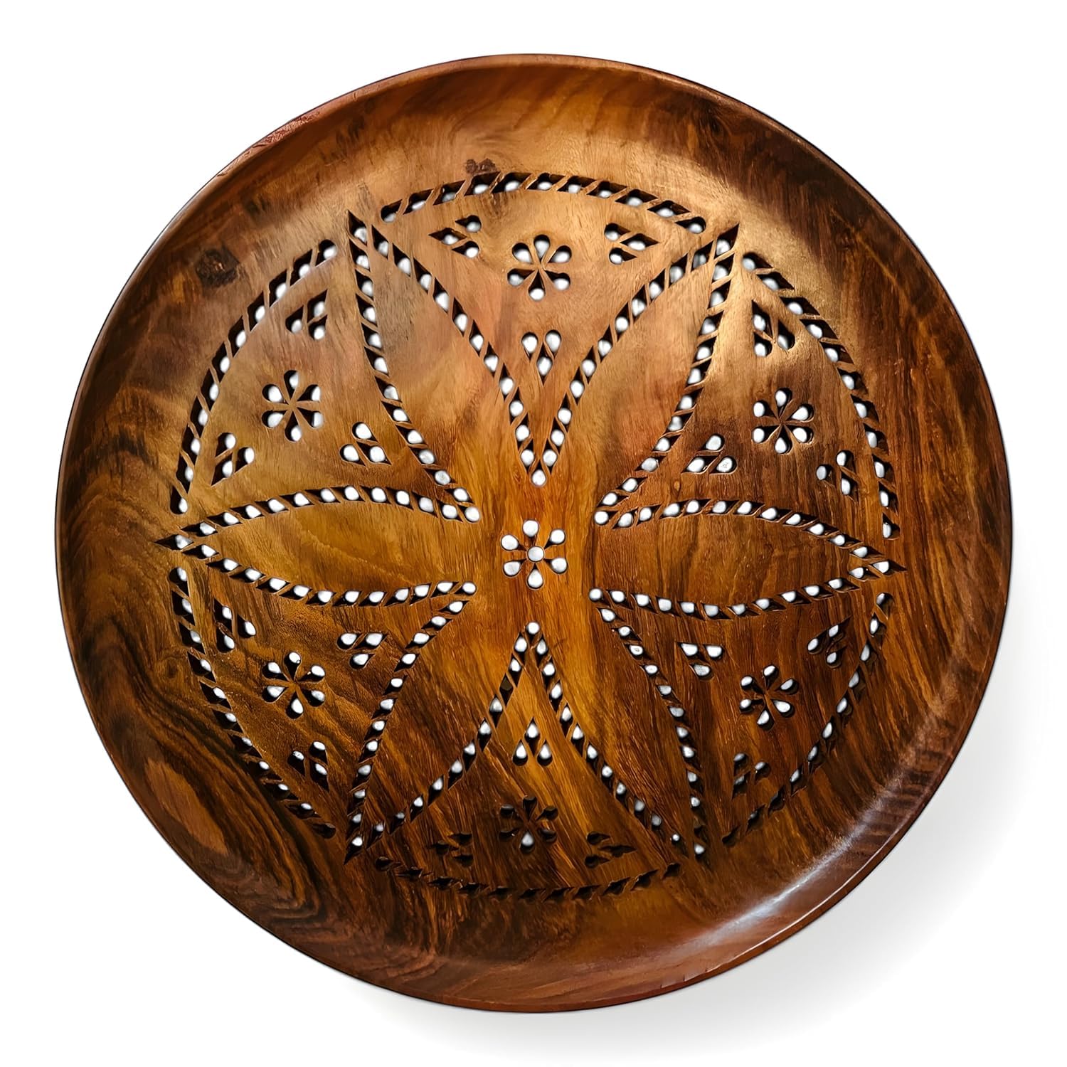 ROSEFINCH Wooden Roti Tray with Carved Design – Round Wood Chapati Basket Plate – Multipurpose Bread & Serving Platter for Kitchen & Dining - (Pack of 1)-picture-34