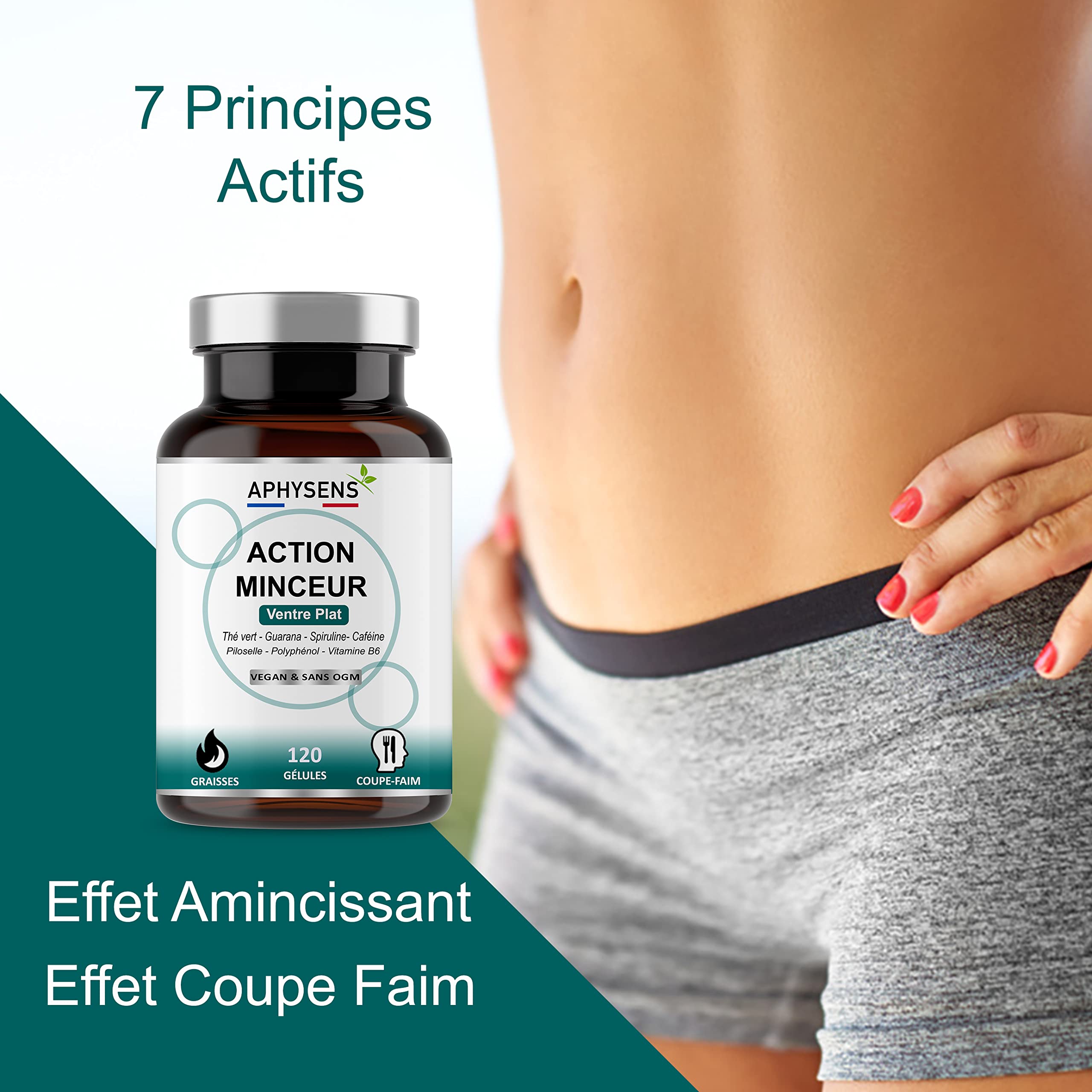 Bruleur de Graisse Puissant et Naturel – Guarana, Spiruline,Thé vert – Coupe Faim, Effet Minceur – Perte de Poids Rapide Homme et Femme – 120 Gélules – Fabriqué en France – Aphysens