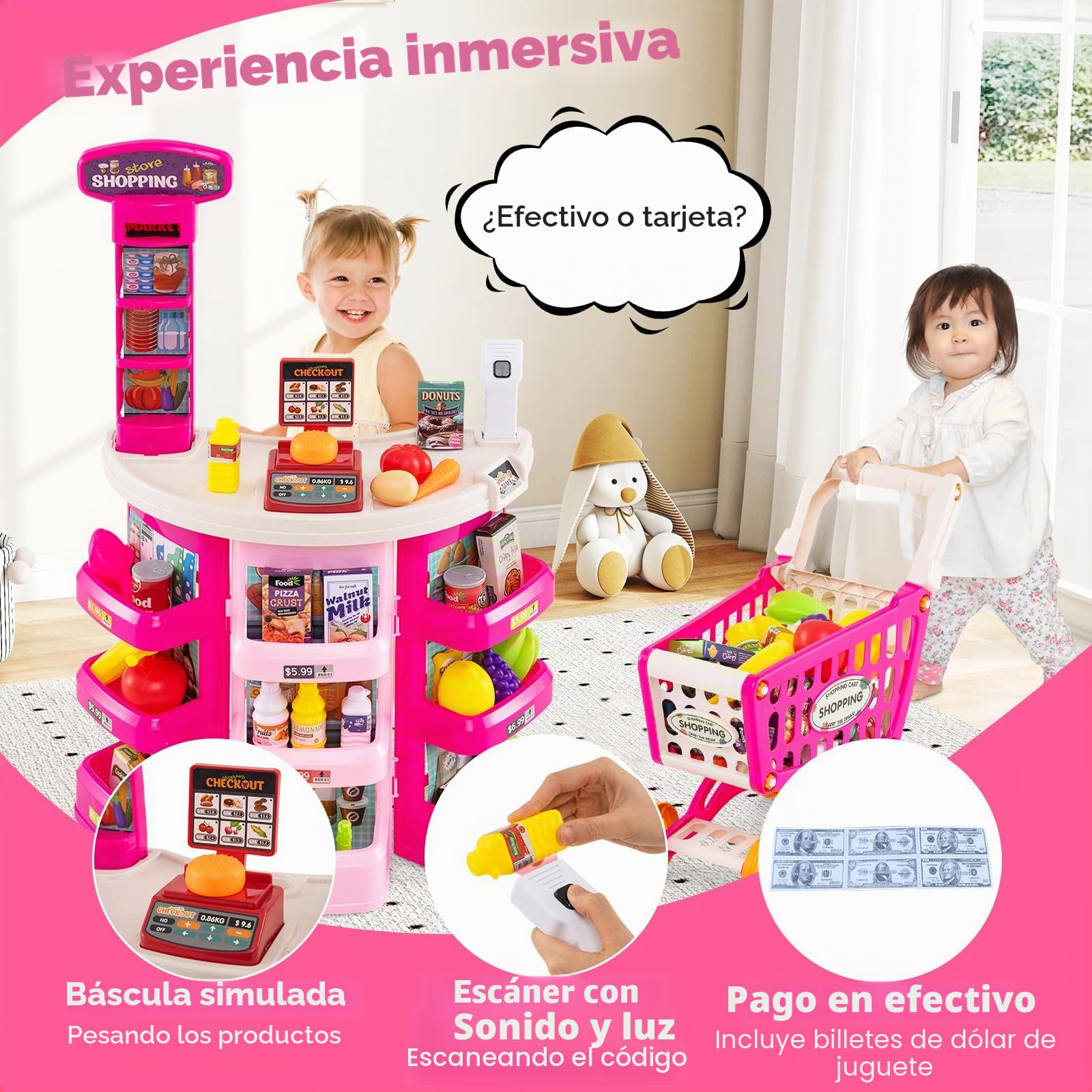 HOMASIS Juego de Supermercado con Luz, Sonido y 29 Accesorios, Tienda de Comerciantes con Caja Registradora, Carrito de Compras, Báscula y Escáner, para Niños de 3+ Años (Rosa)
