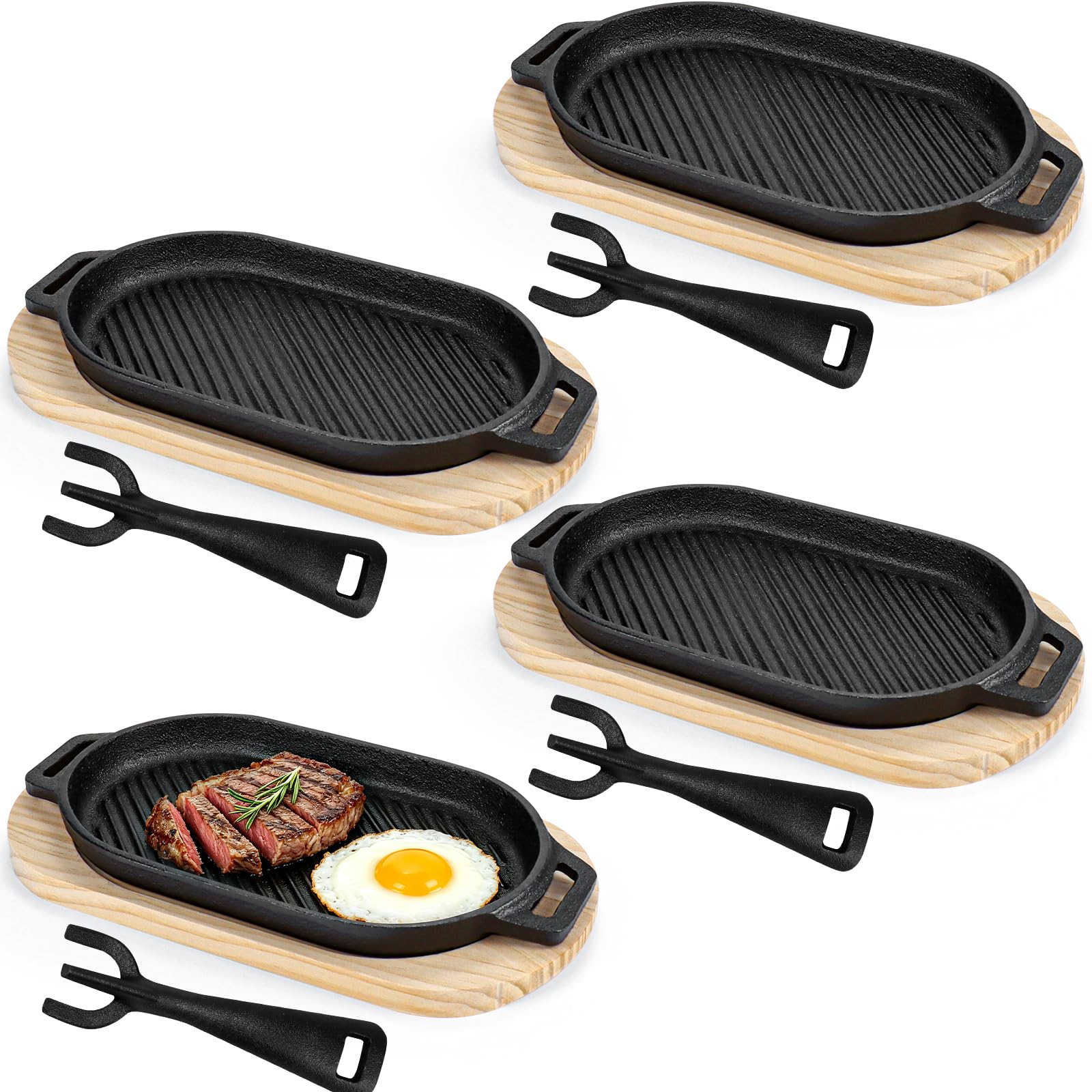 DHNDO 4 Pcs Cast Iron Skillet Set with Wooden Base, Fajita Grill Pan, Large