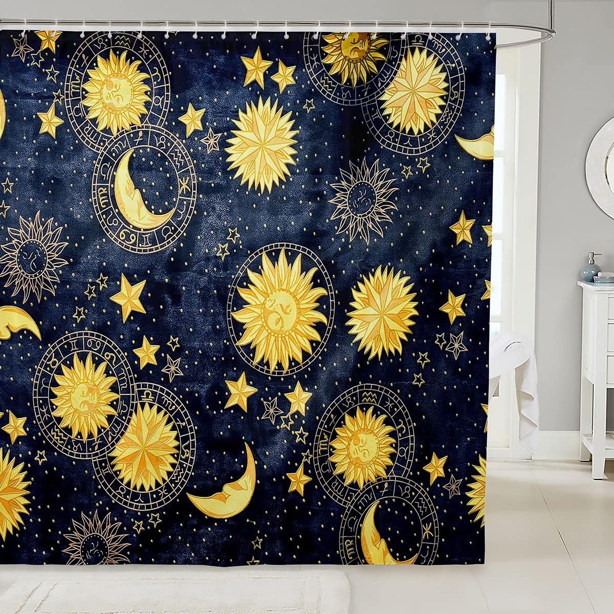 Feelyou Boho Moon and Sun Shower Curtain Bohemian Galaxy Constellation Fabric Shower Curtains for Bathroom Kids Exotic Stars Blue Golden Bath Curtain Decorative Bathroom Accessories 72 X 72