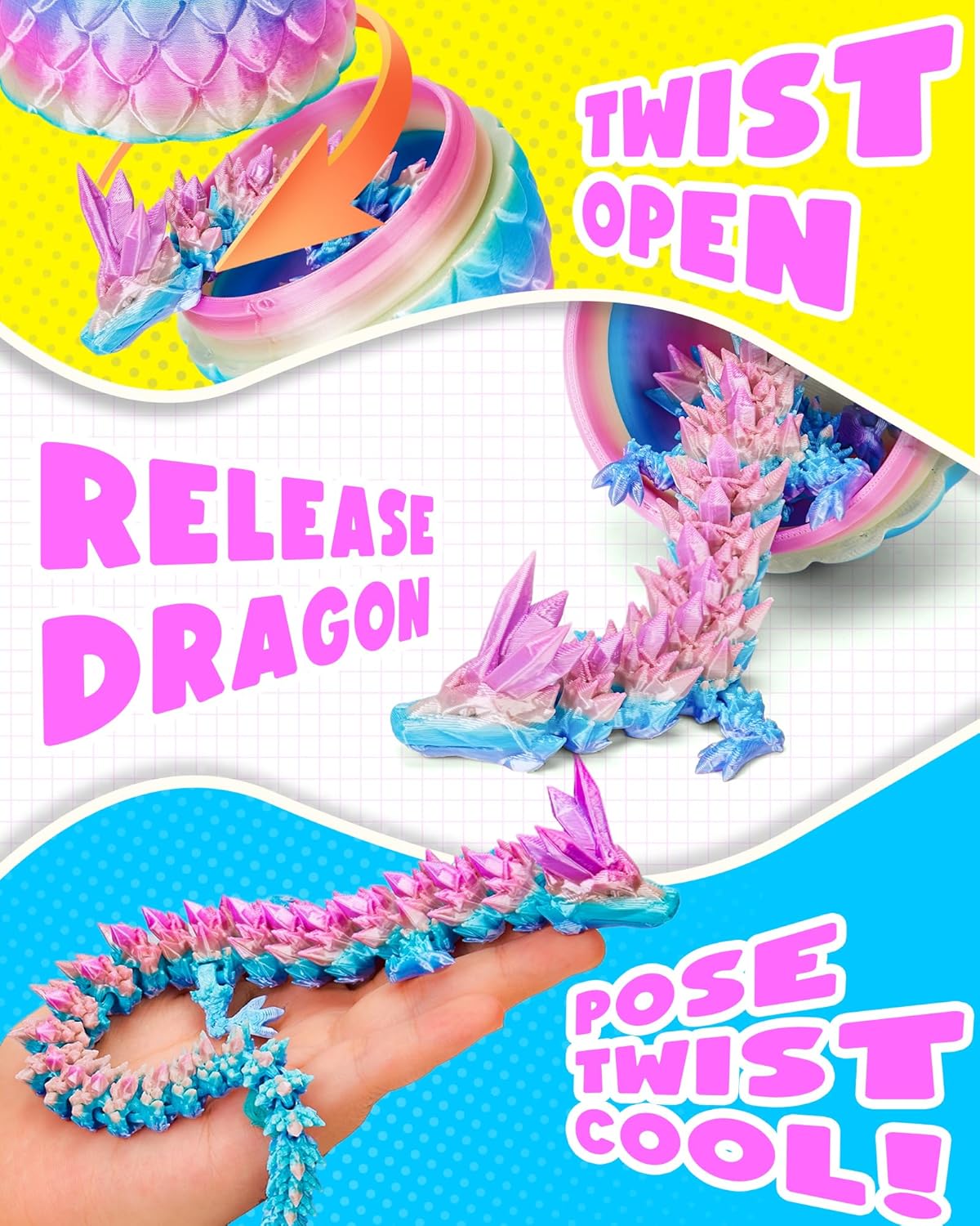 TBOLINE 12" 3D Printed Dragon Egg, Cool 3D Printer Articulated Crystal Dragon Toy for Boys Kid Teen, Animals Fidget Toy Dinosaur Eggs for 5-7 4-6 8-12 Year Old Boys Kid Girls