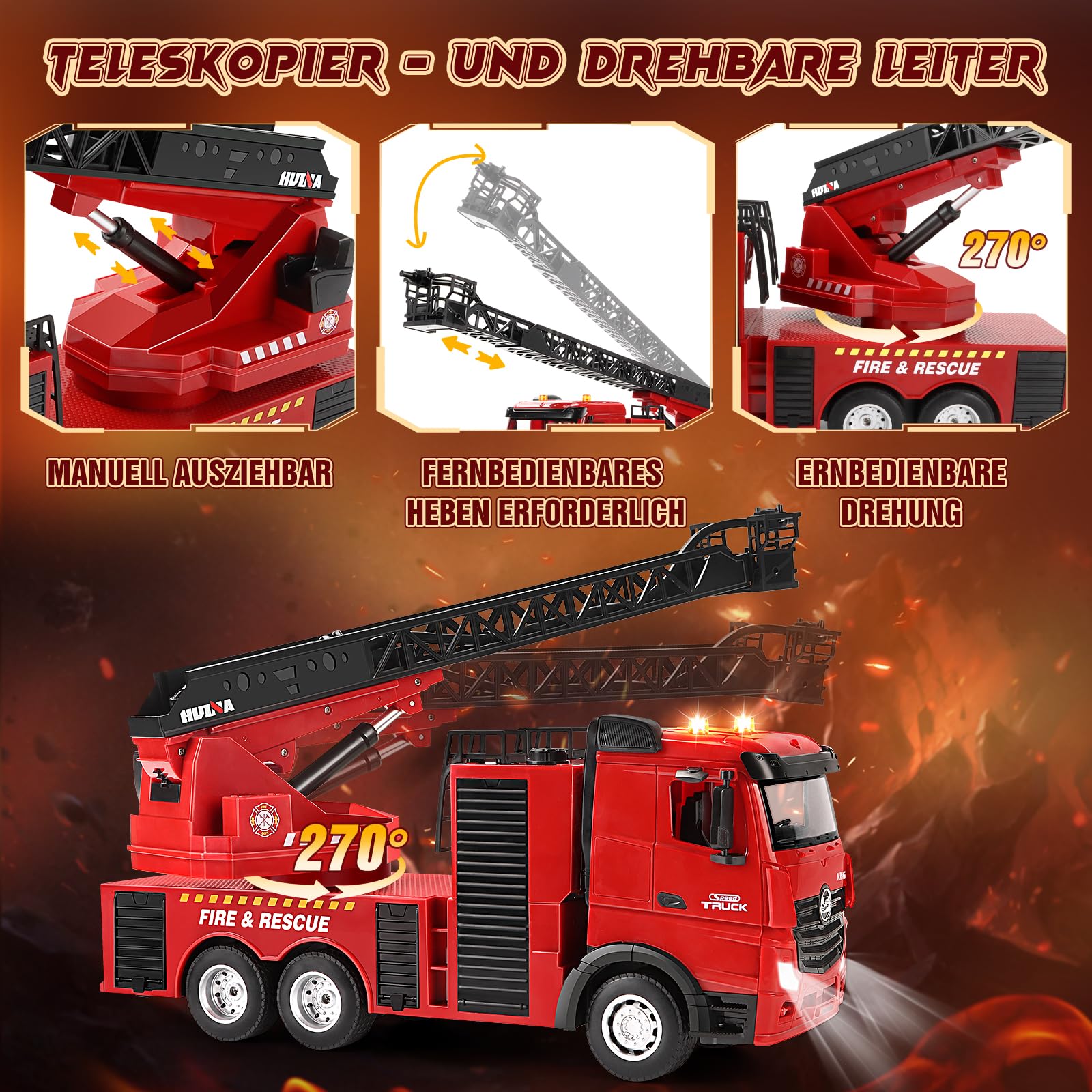 Joellfuner Feuerwehrauto Spielzeug, 1:18 15 Kanäle ferngesteuerter Feuerwehrwagen, große ferngesteuerte Feuerwehr-Spiele mit Licht, einziehbare Leiter und Wasserspritzpumpe für Kinder