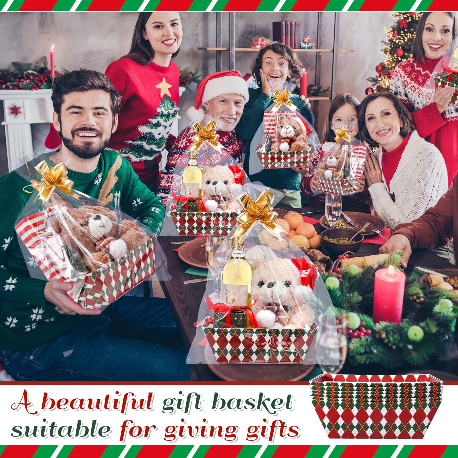 Nuogo Paquete de 12 cestas de Navidad vacías para regalos de 9.8 x 6.5 pulgadas, cesta de regalo vacía para llenar bandejas de cartón con bolsas de cesta, lazos para Navidad, vacaciones, regalos de